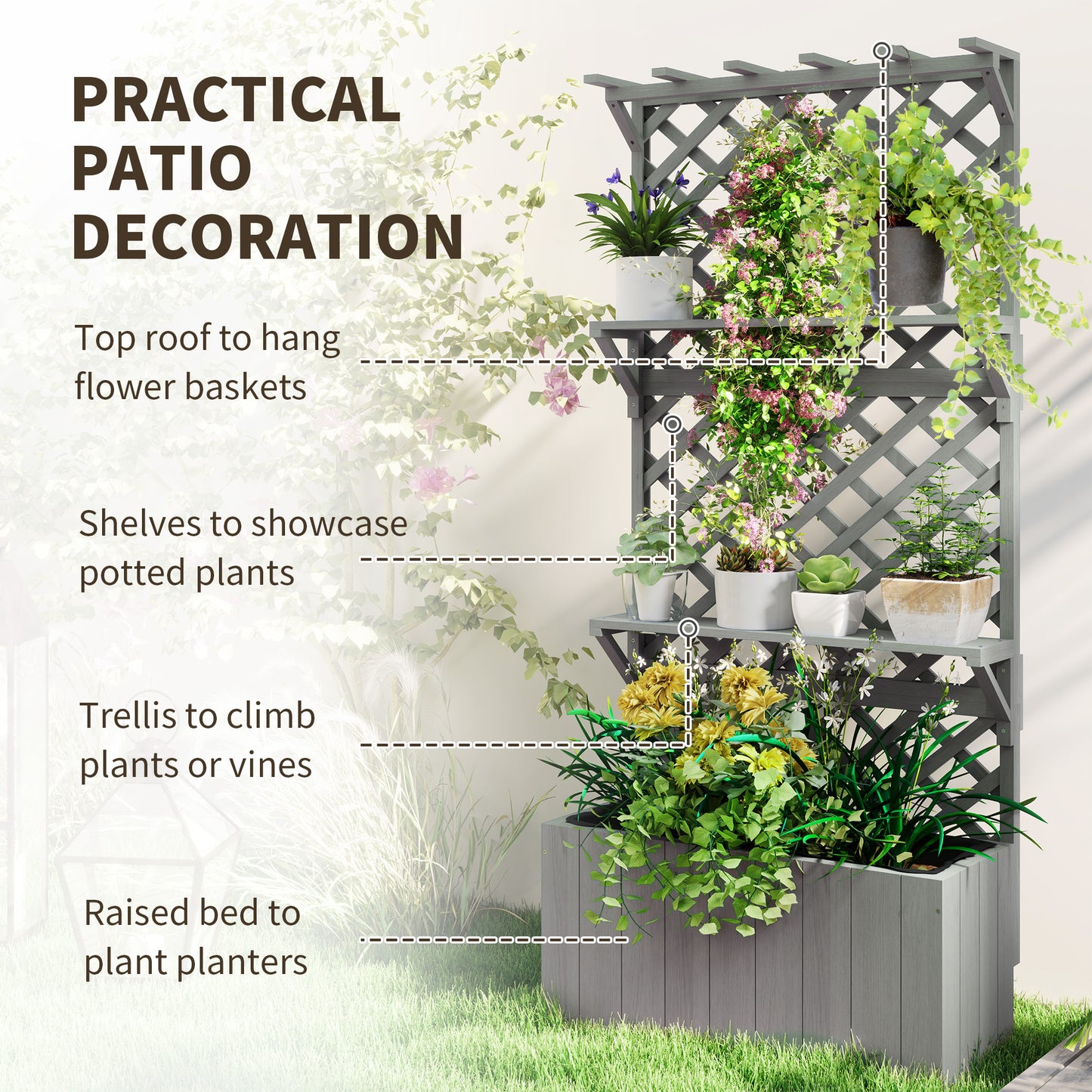 52L Wooden Planter, with Trellis and Shelves