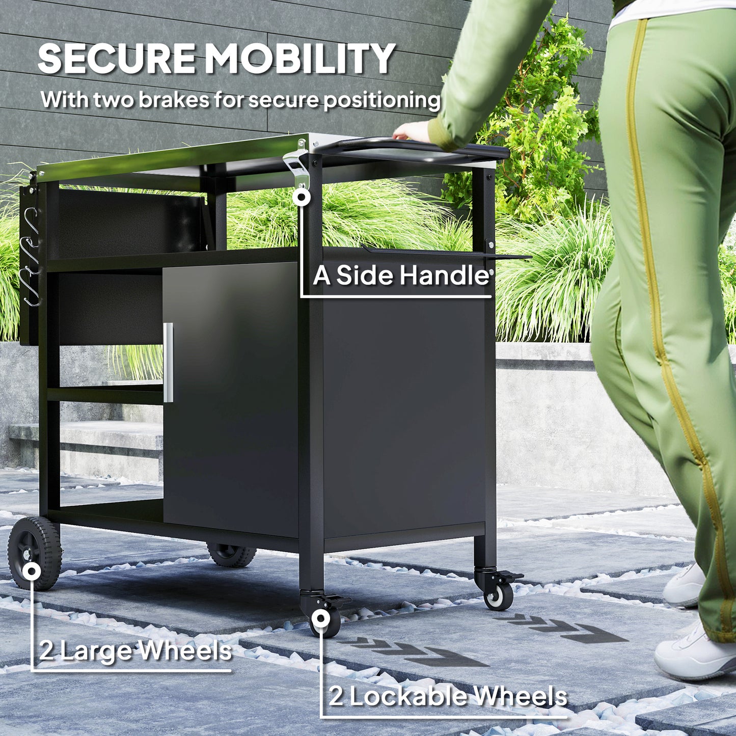 Outdoor BBQ Trolley with Foldable Side Table, Stainless Steel Top