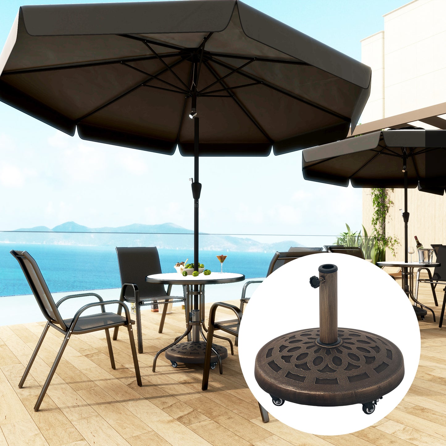21kg Resin Garden Parasol Base with Wheels, Round Umbrella Stand