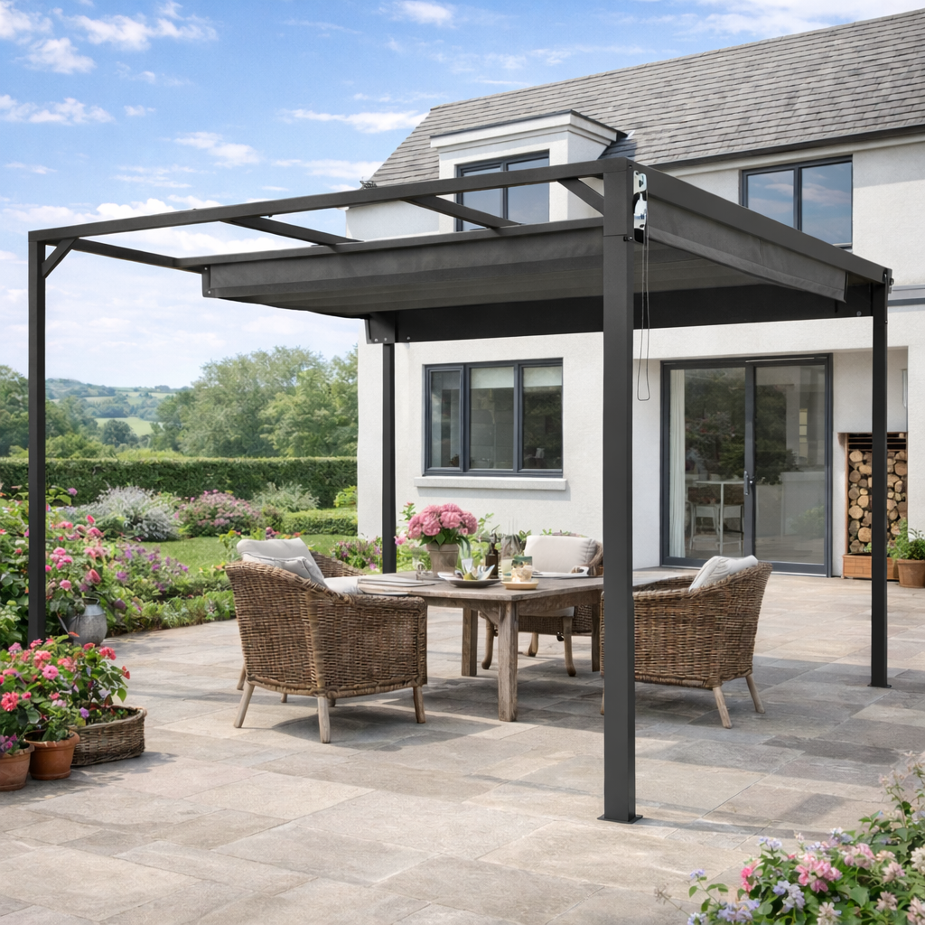 3 x 3m Aluminium Pergola, with Retractable Roof and Wall