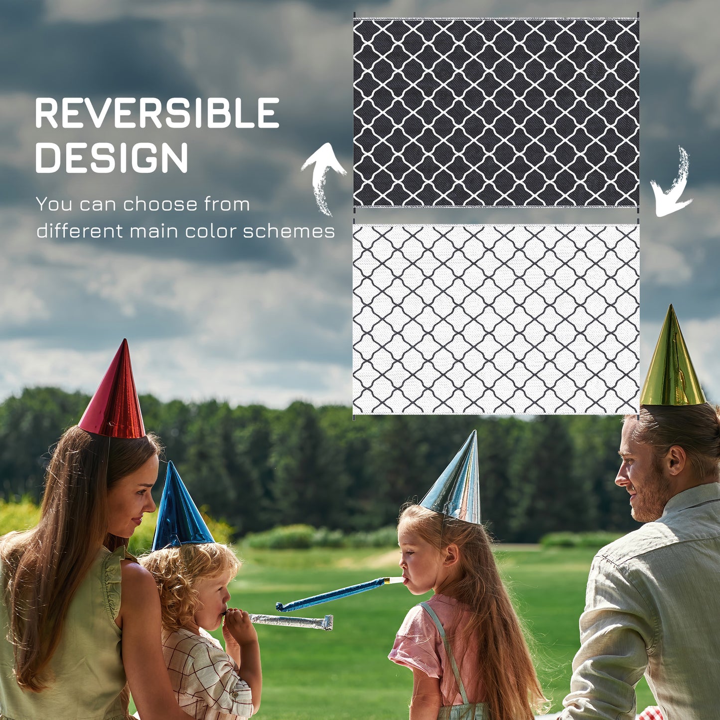 Reversible Outdoor Rug, Plastic Straw Mat w/ Carry Bag Ground Stakes