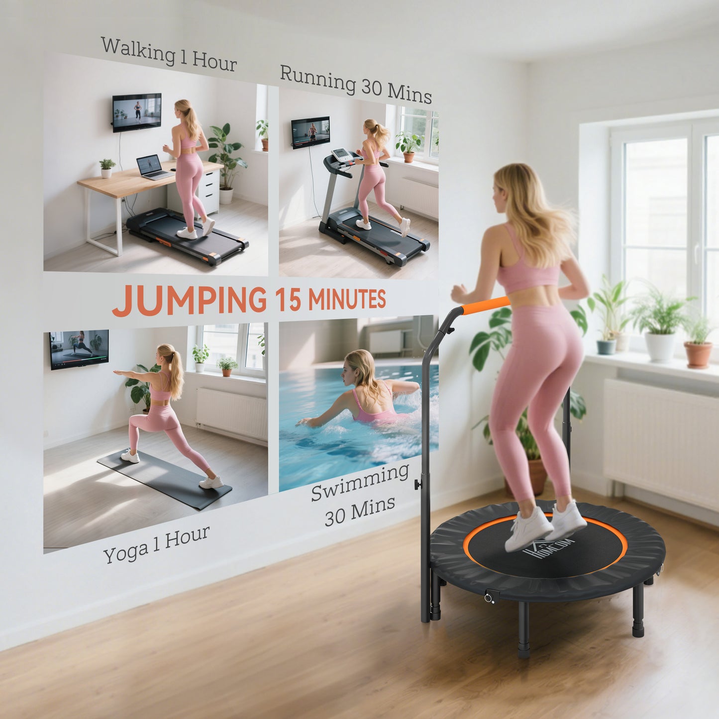 40" Foldable Mini Fitness Trampoline, with Adjustable Foam Handle