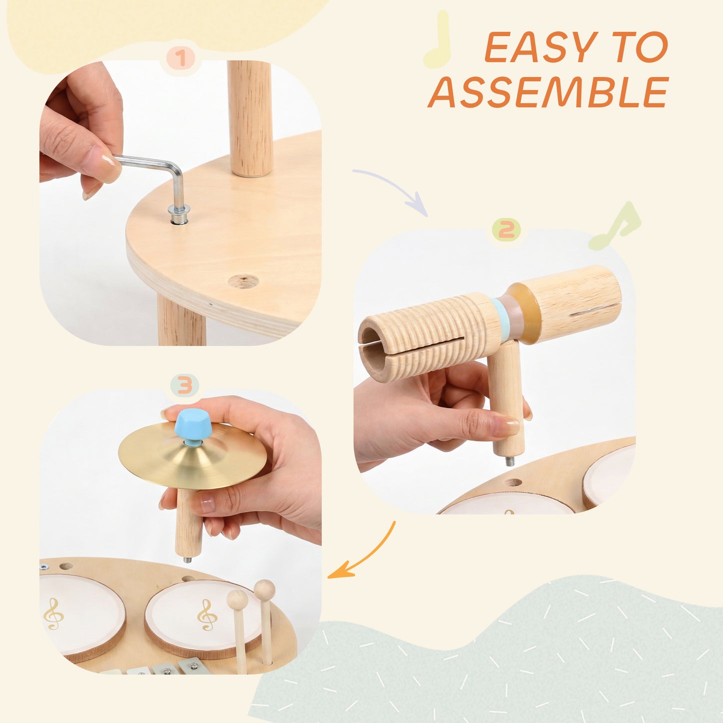 Baby Drum Kit, Wooden Kids Musical Instruments with Drums
