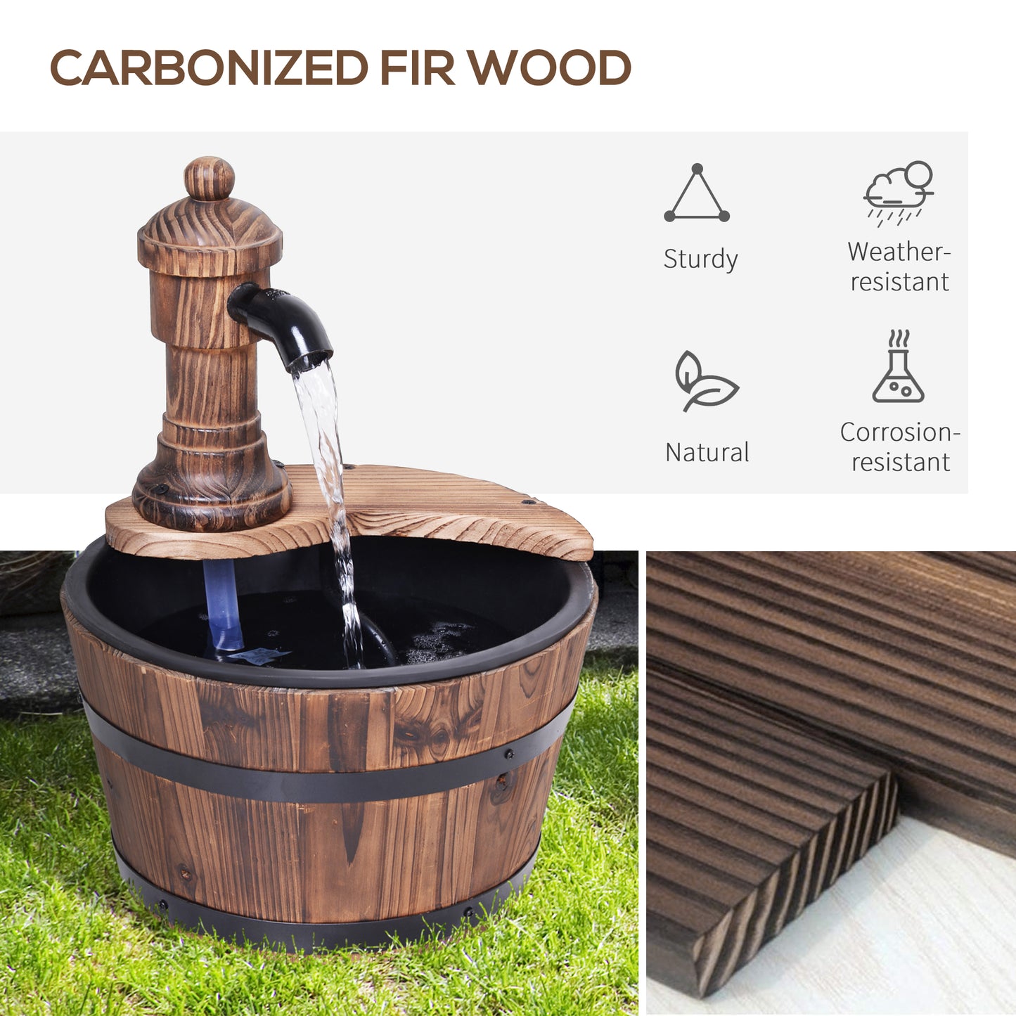 Wood Barrel Patio Water Fountain Garden Decorative Ornament Water