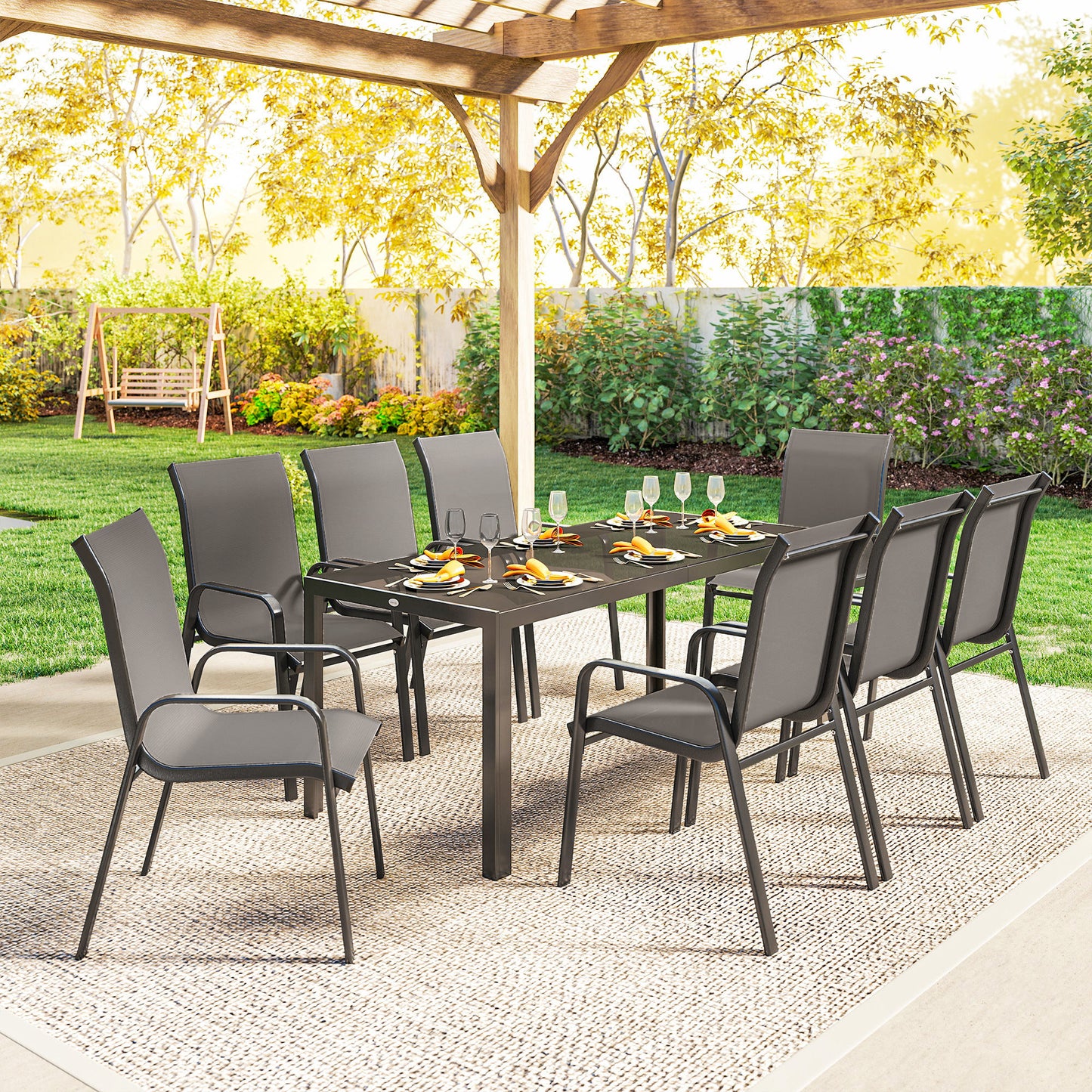 9 Pieces Garden Dining Set, Outdoor Table and Chairs Set for 8