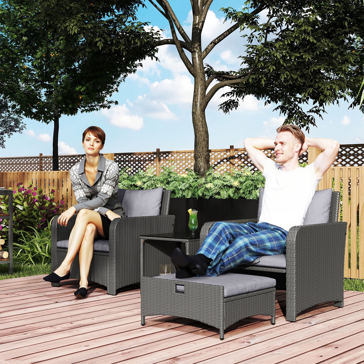 Five Piece Rattan Garden Furniture Set with 2-Tier Coffee Table