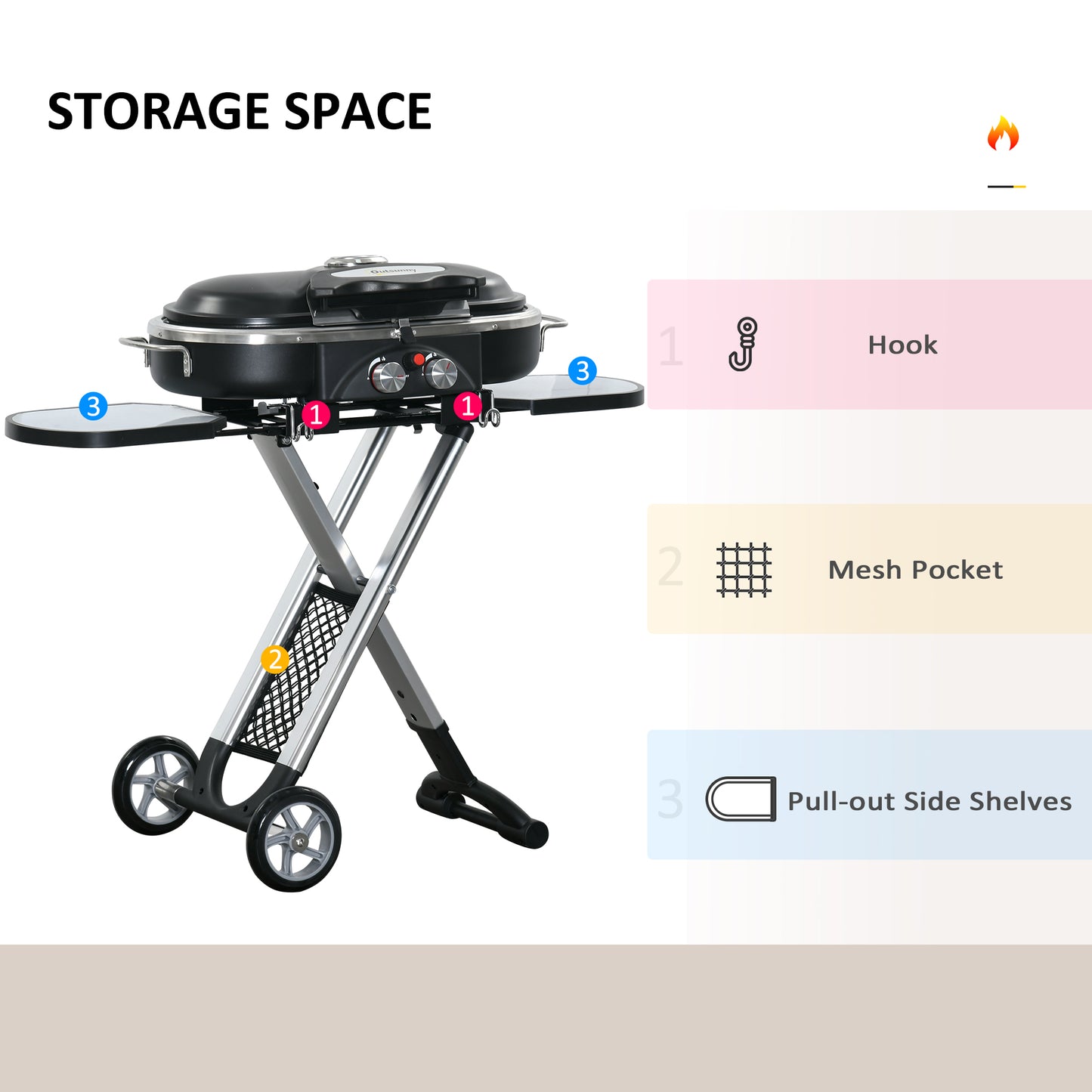 Foldable Gas BBQ Grill 2 Burner Garden Barbecue Trolley w/ Lid Side