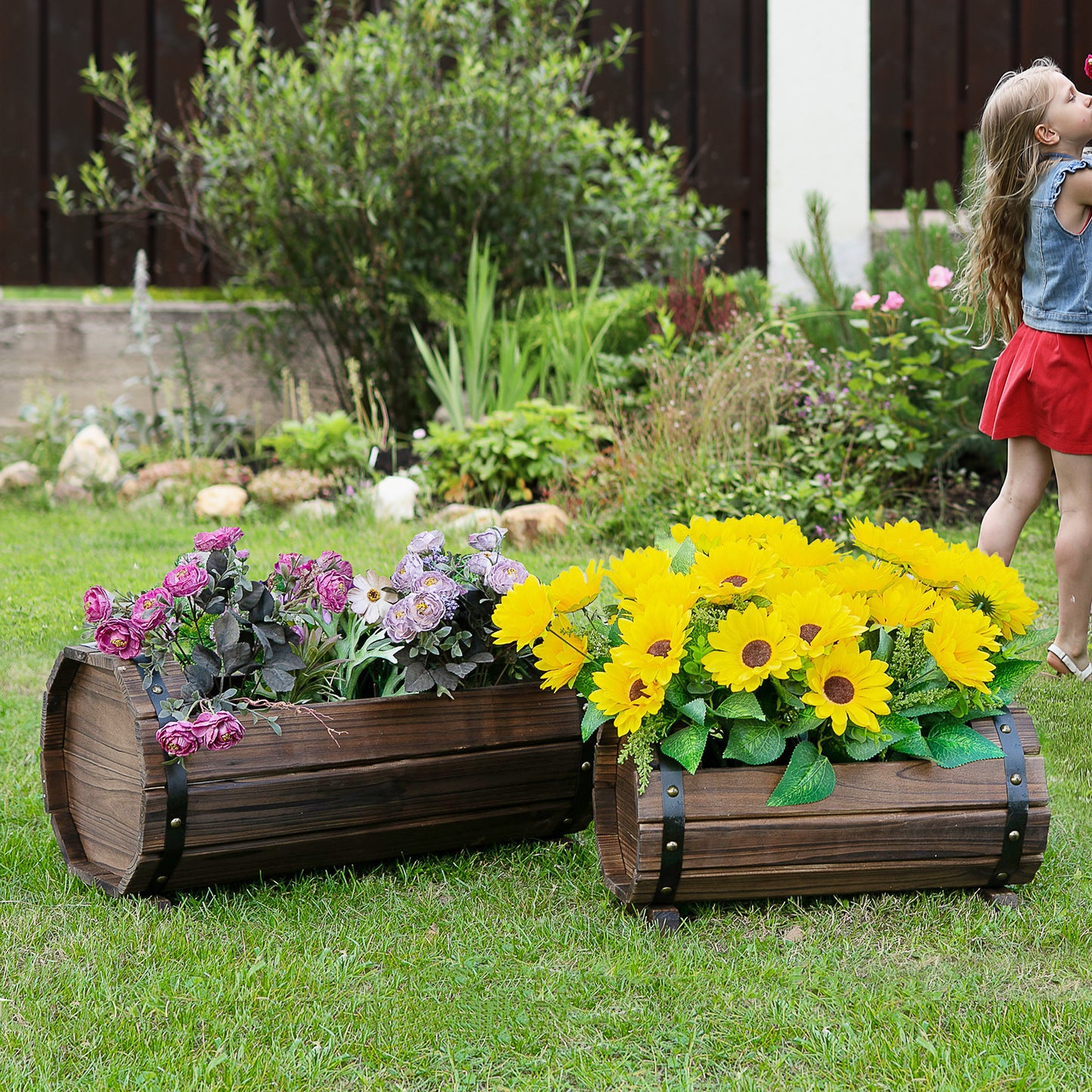 2PCs 56L Wooden Planter Box Flower Plant Pot Outdoor Flower Beds
