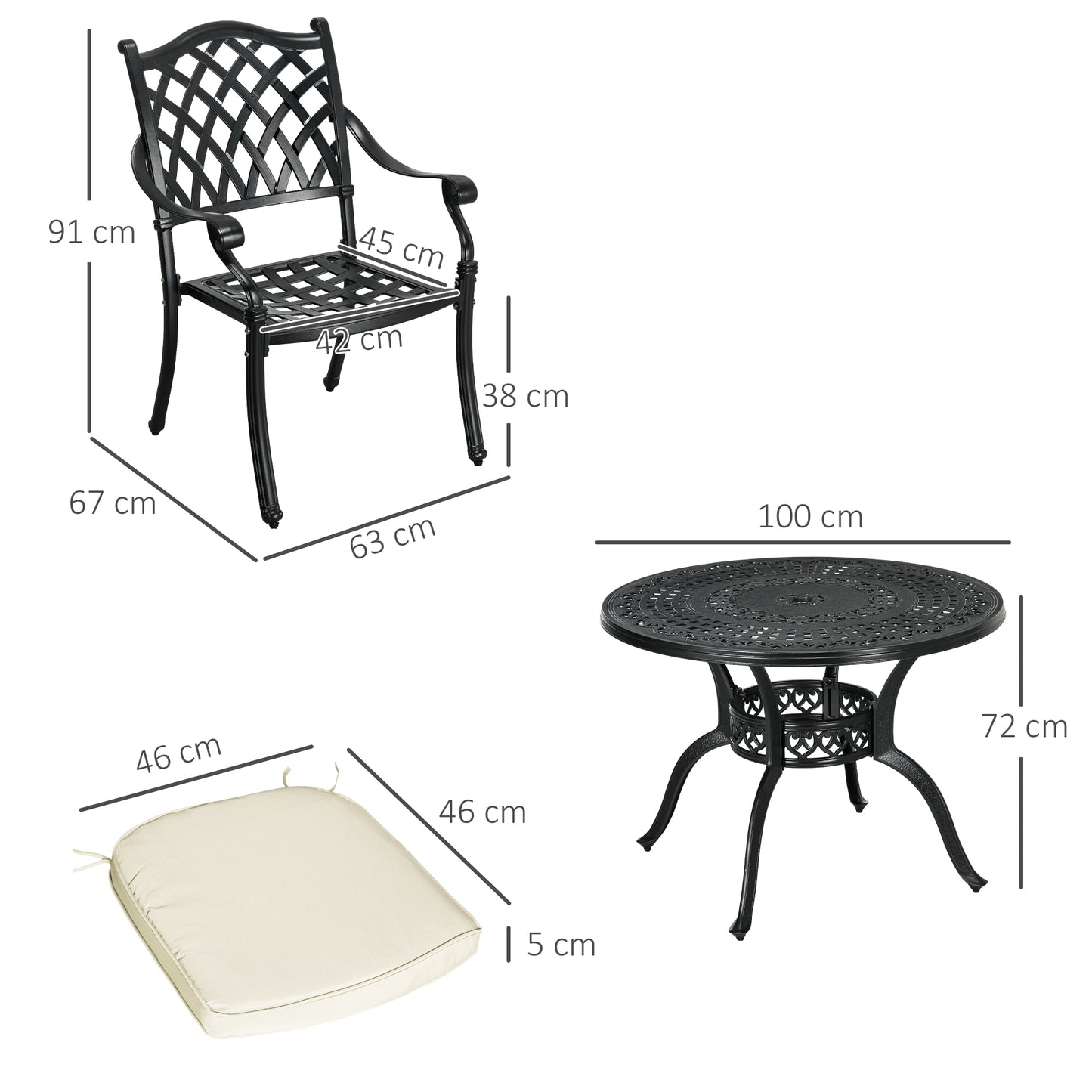 Cast Aluminium 4 Seater Outdoor Dining Set with Cushions Parasol Hole