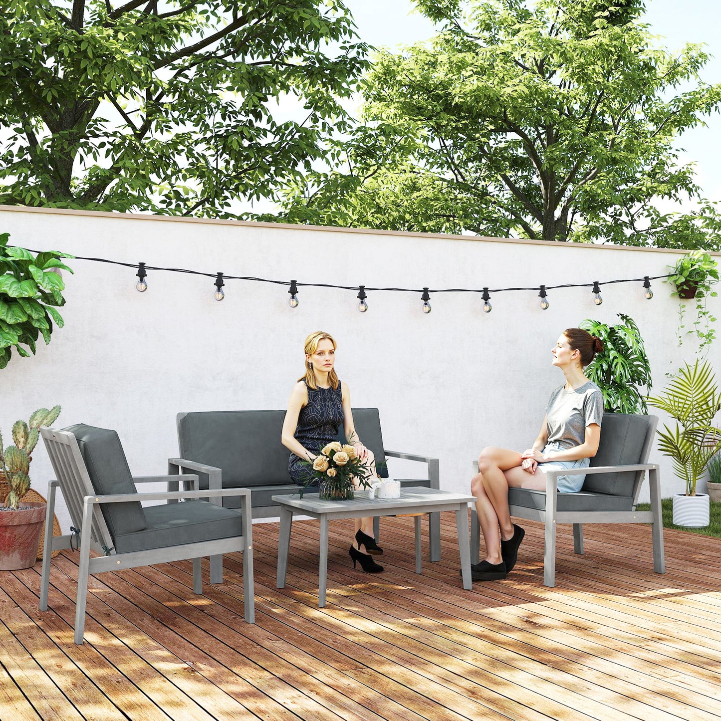 4-Piece Wooden Garden Furniture Set with Cushions