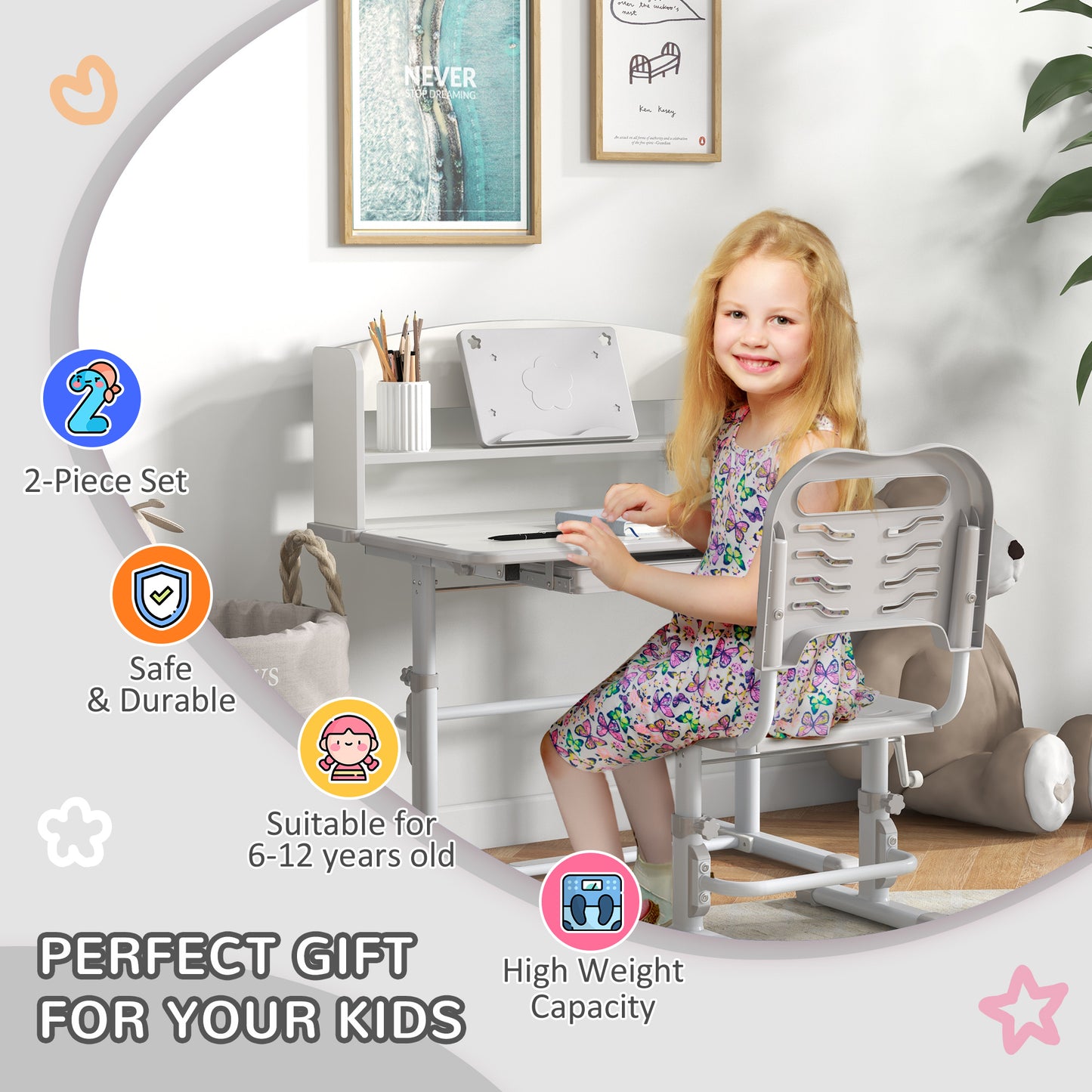 Height Adjustable Kids Study Table and Chair Set, with Drawer