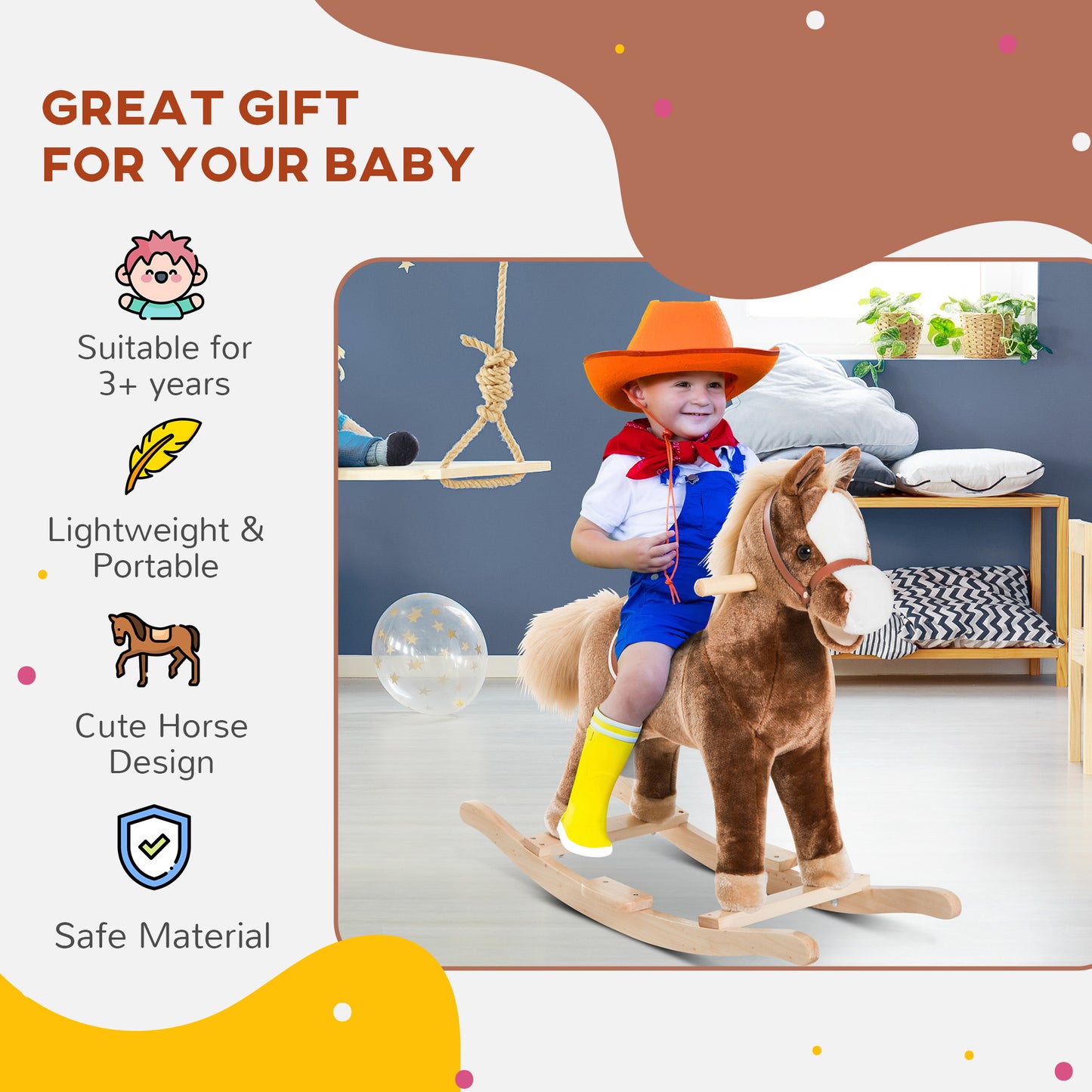 Kids Children Plush Rocking Horse Wooden Base Ride On Toy Rocker (1)