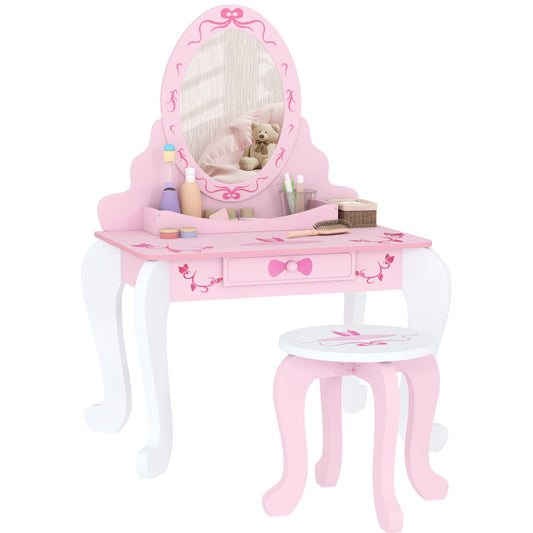Kids Dressing Table Set, Vanity Table with Stool, Mirror, Drawer