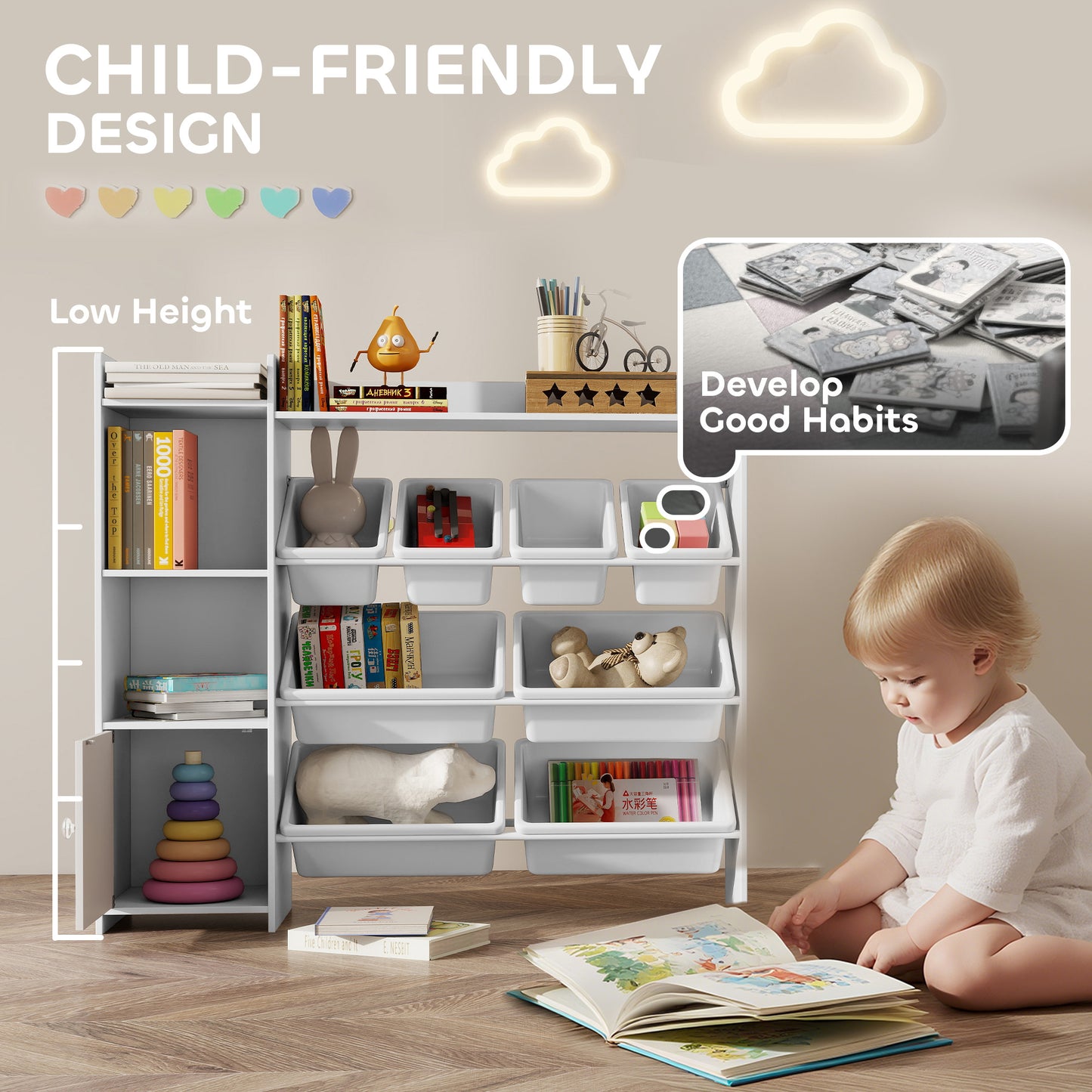 Toy Storage Unit with 8 Removable Bins, Storage Shelves, Cabinet