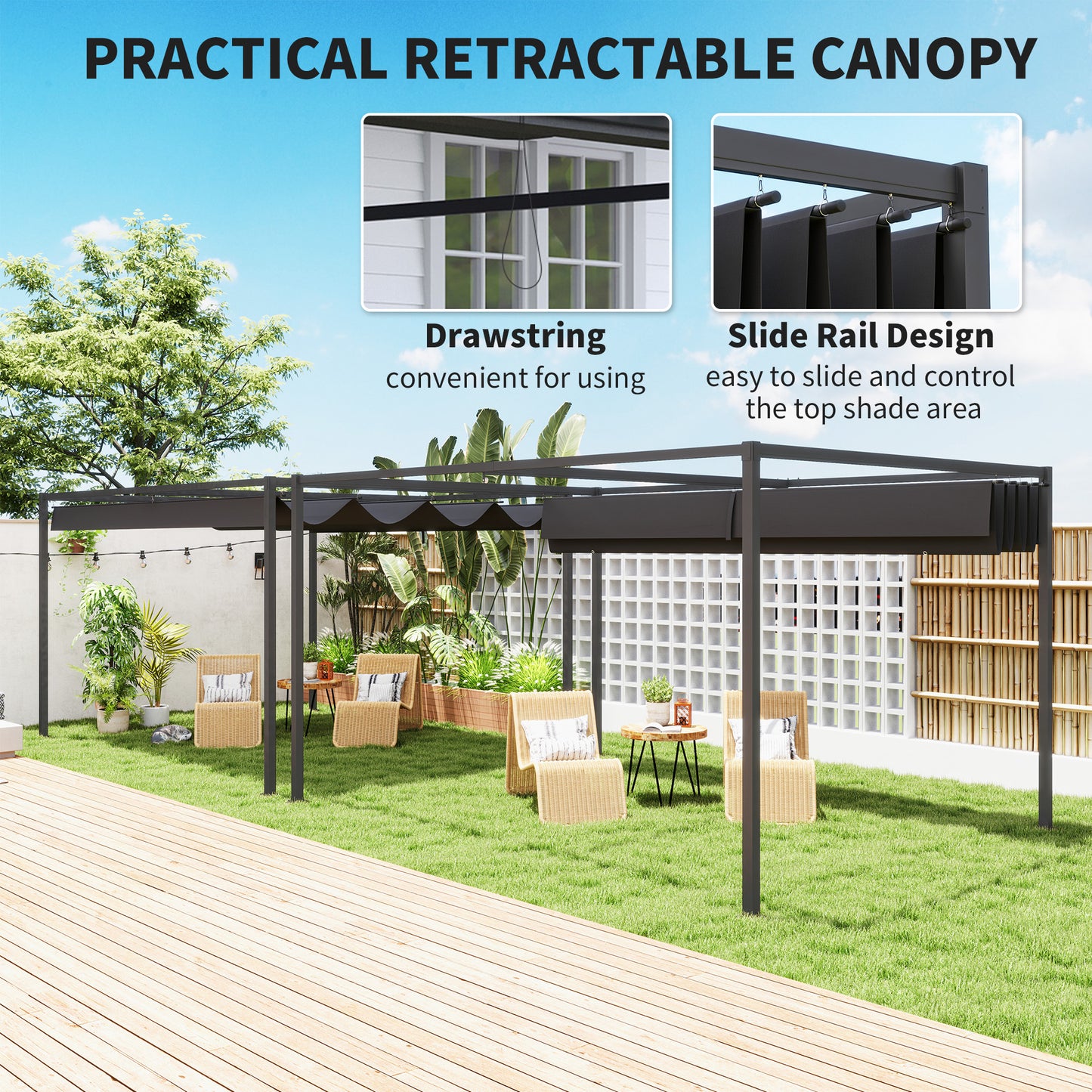 4 x 3m Metal Pergola, with Retractable Canopy Roof