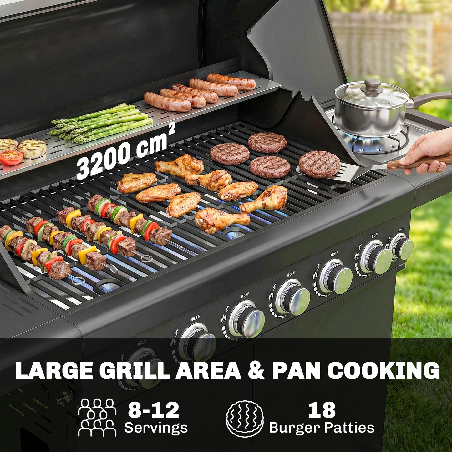 6+1 Burner Gas BBQ Grill, Outdoor Barbecue Trolley with Wheels