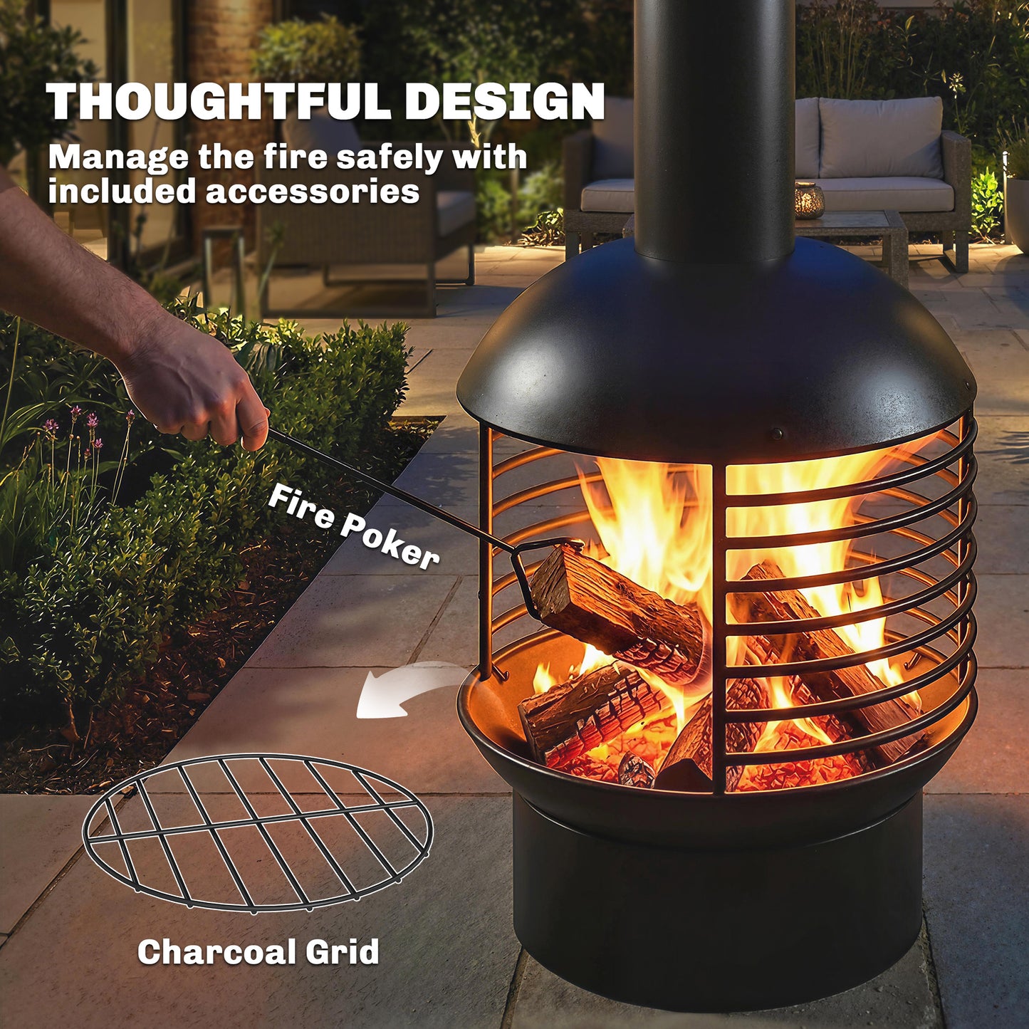Chimney Fire Pit, Portable Wood Burning Firepit with Poker