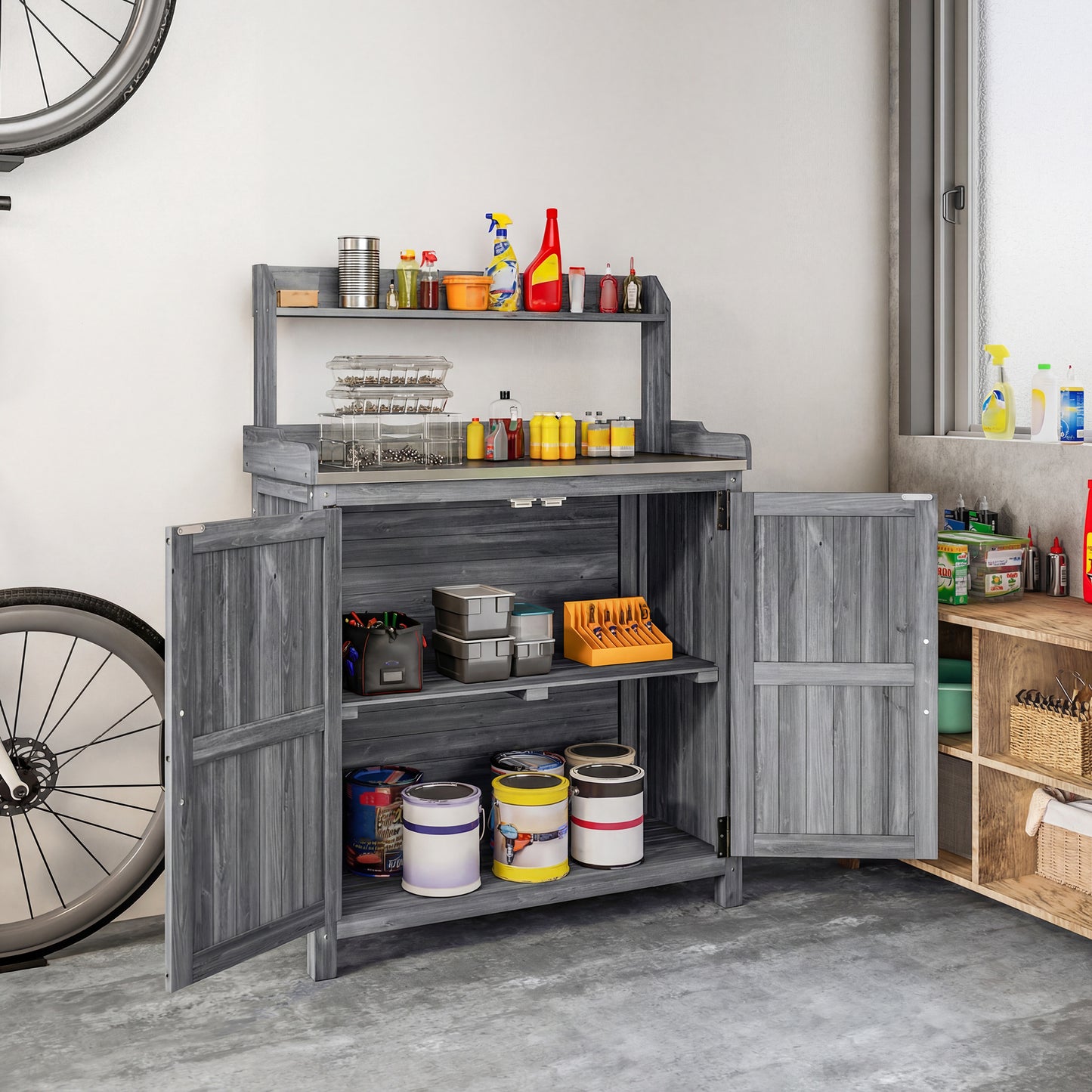 Wooden Potting Bench Table with Aluminium Worktop