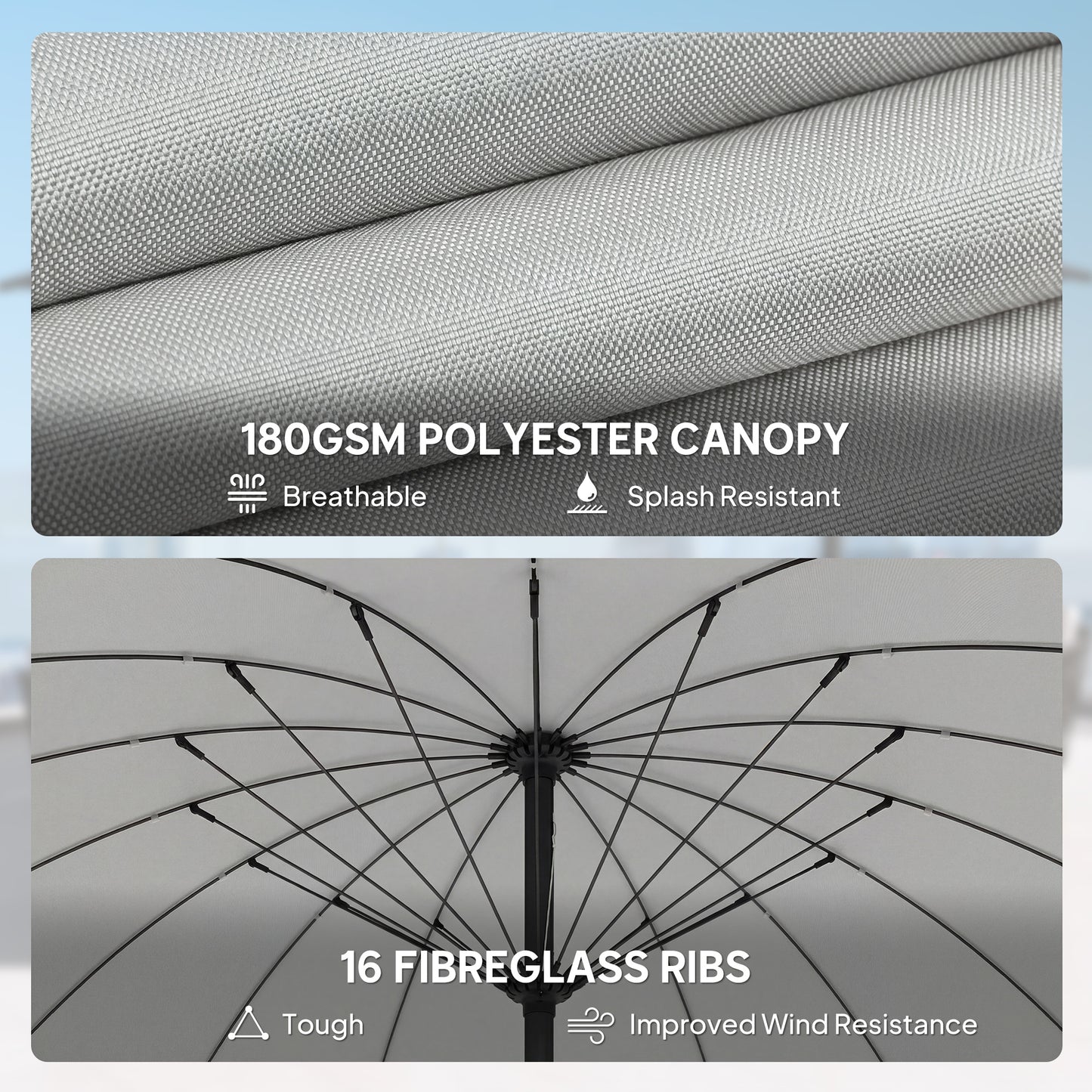 2 m Shanghai Garden Parasol Umbrella with 16 Fibreglass Ribs