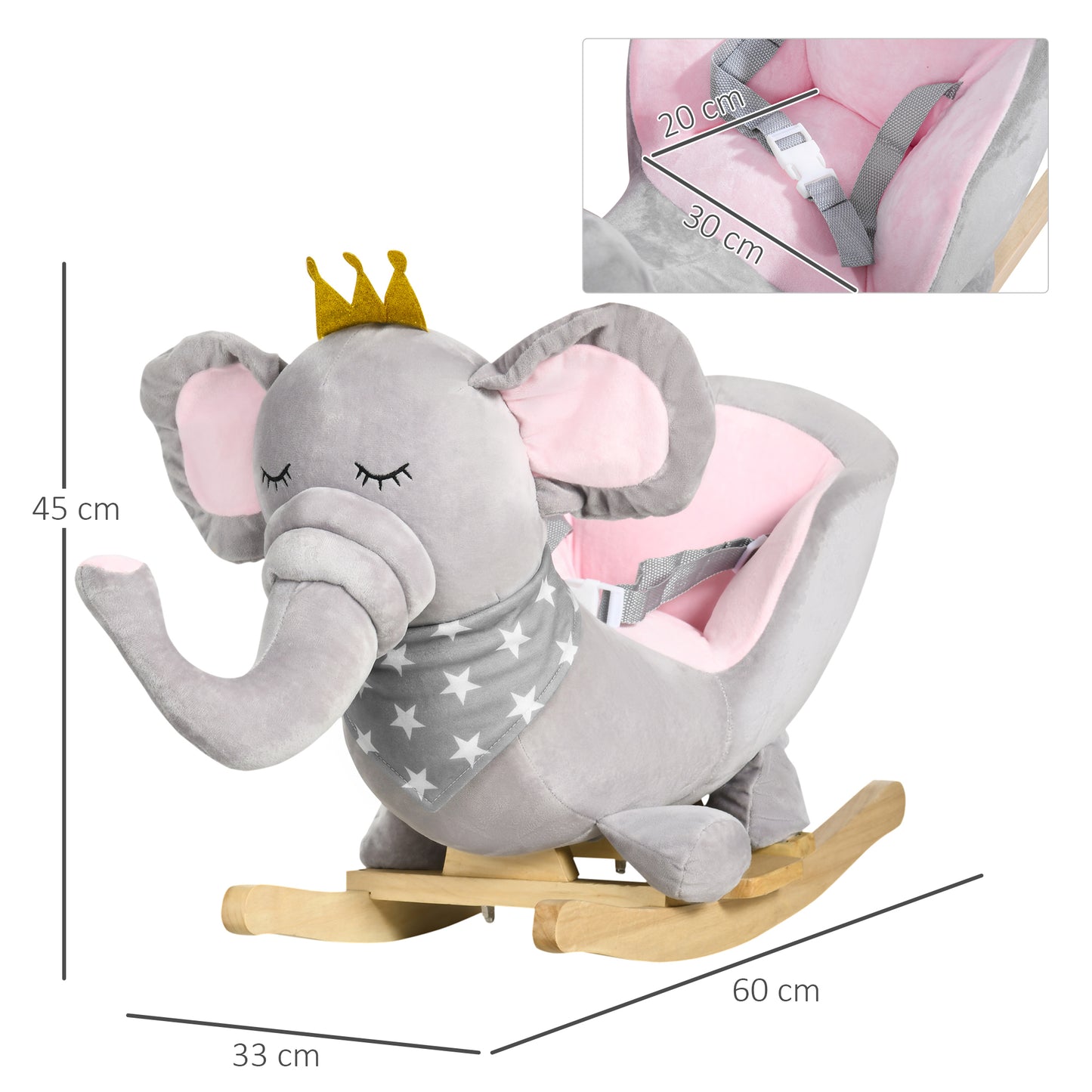 Kids Elephant-Designed Rocking Horse, with Safety Belt, Wooden Base