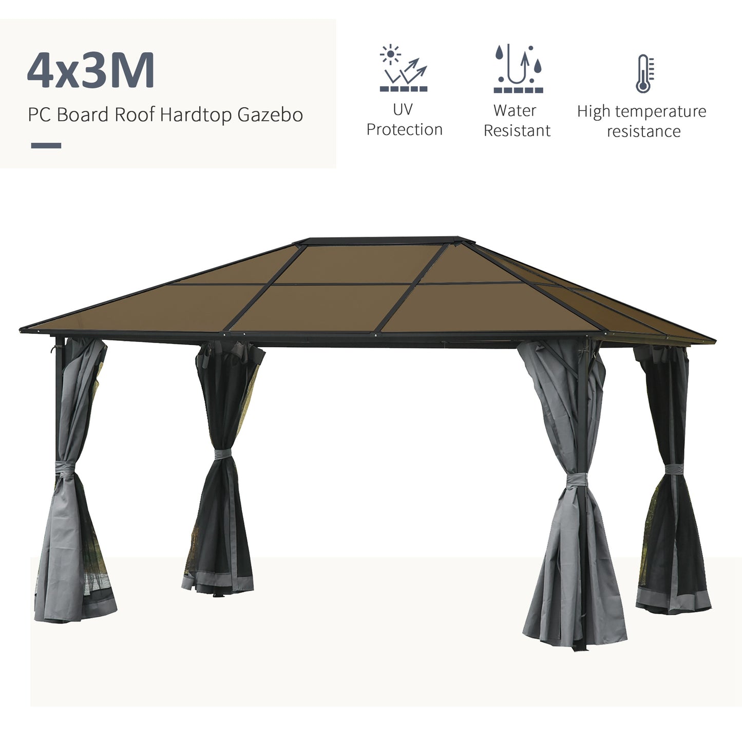 3 x 4m Hardtop Gazebo Canopy with Polycarbonate Roof