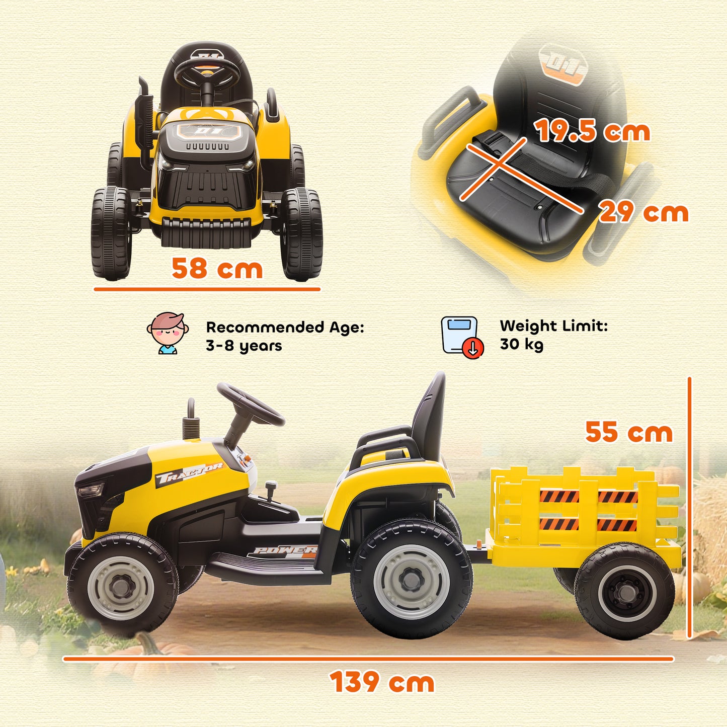 12V Ride on Tractor and Trailer with Remote Control, Music, Shifter