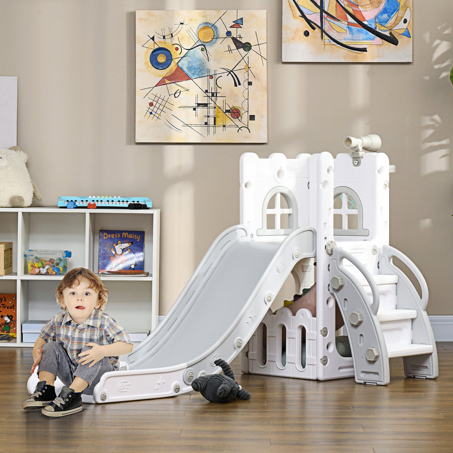 5 in 1 Toddler Slide with Basketball Hoop, Climber, Telescope