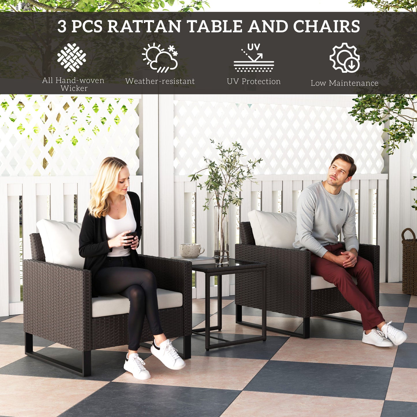 3 Pieces Rattan Bistro Set with 4 Cushions