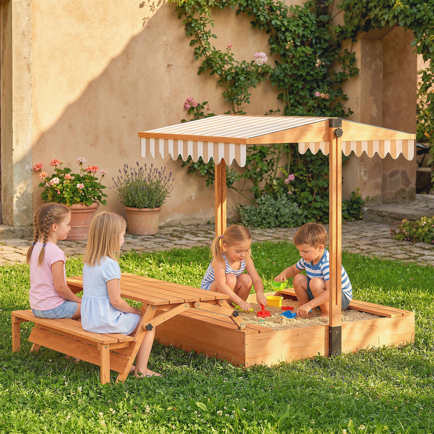 Kids Sand Pit with Lid, Wooden Sandpit with Canopy