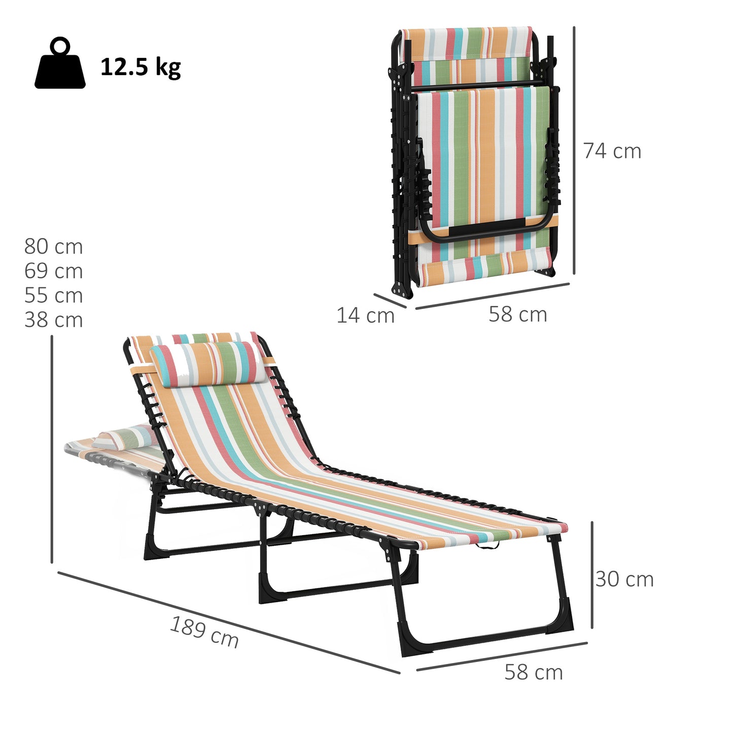 Set of Two Folding Sun Loungers, with Four-Position Backs