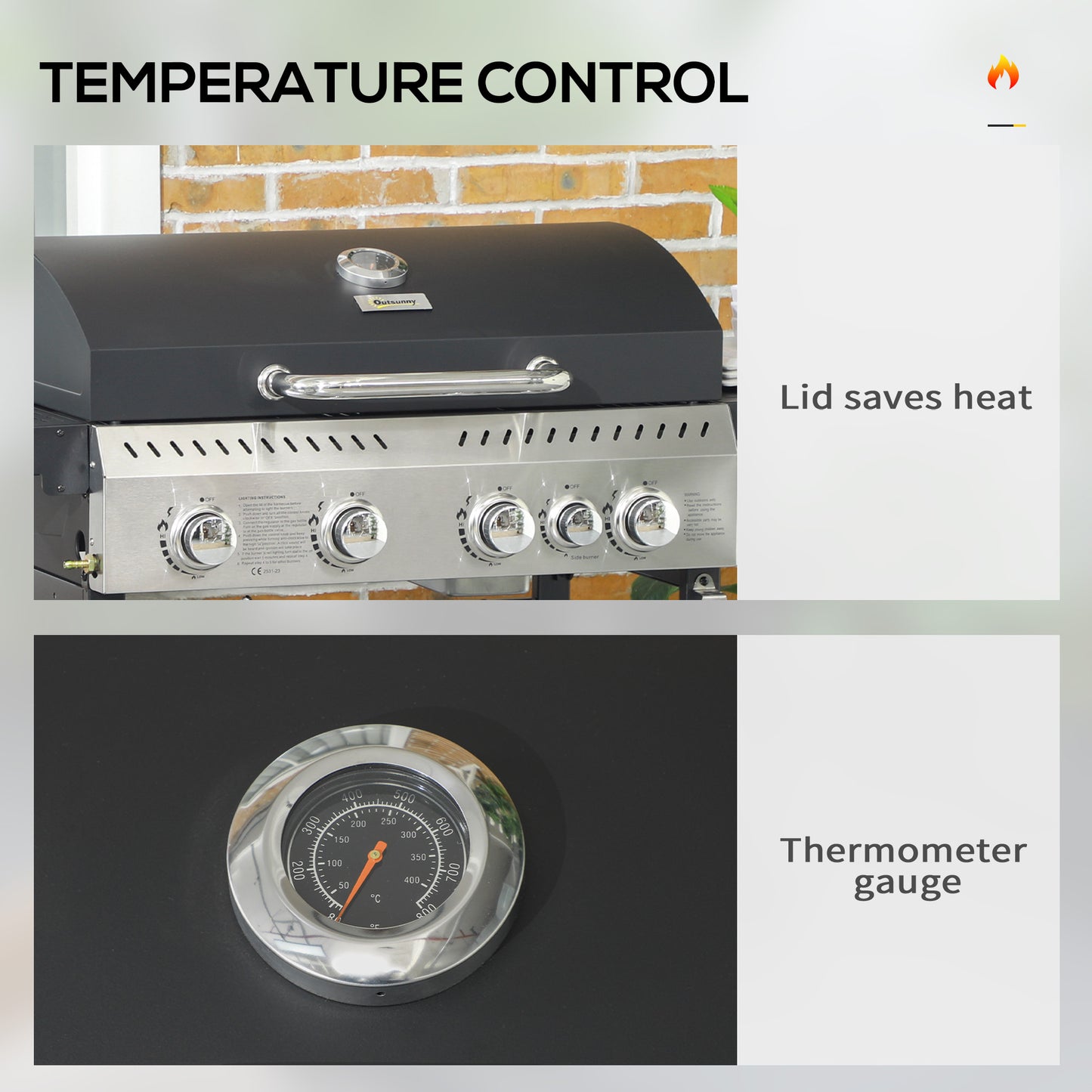 Five-Burner Steel Gas Grill, with Thermometer