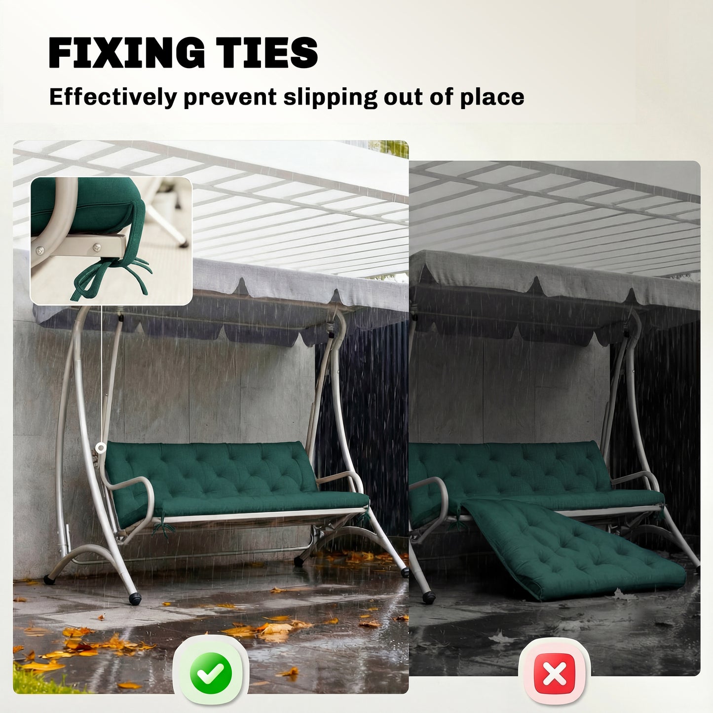 3 Seater Bench Cushion, Garden Chair Cushion with Back and Ties