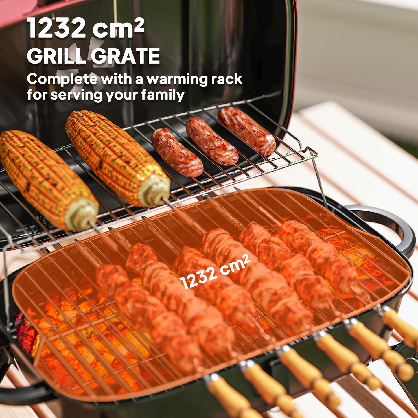 Charcoal Barbecue Grill Folding BBQ Grill with 1232 cm² Cooking Area