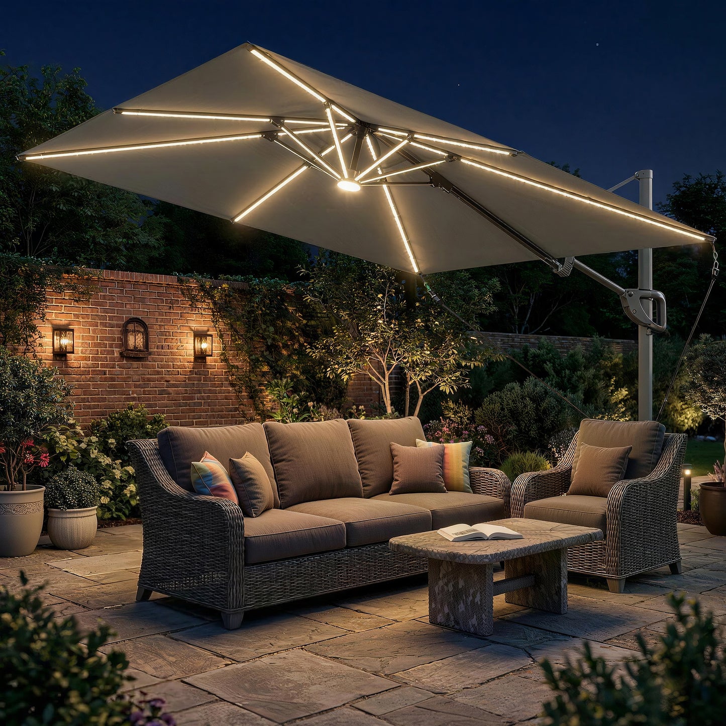 3 x 3 m Garden Cantilever Parasol w/ Light, Cover