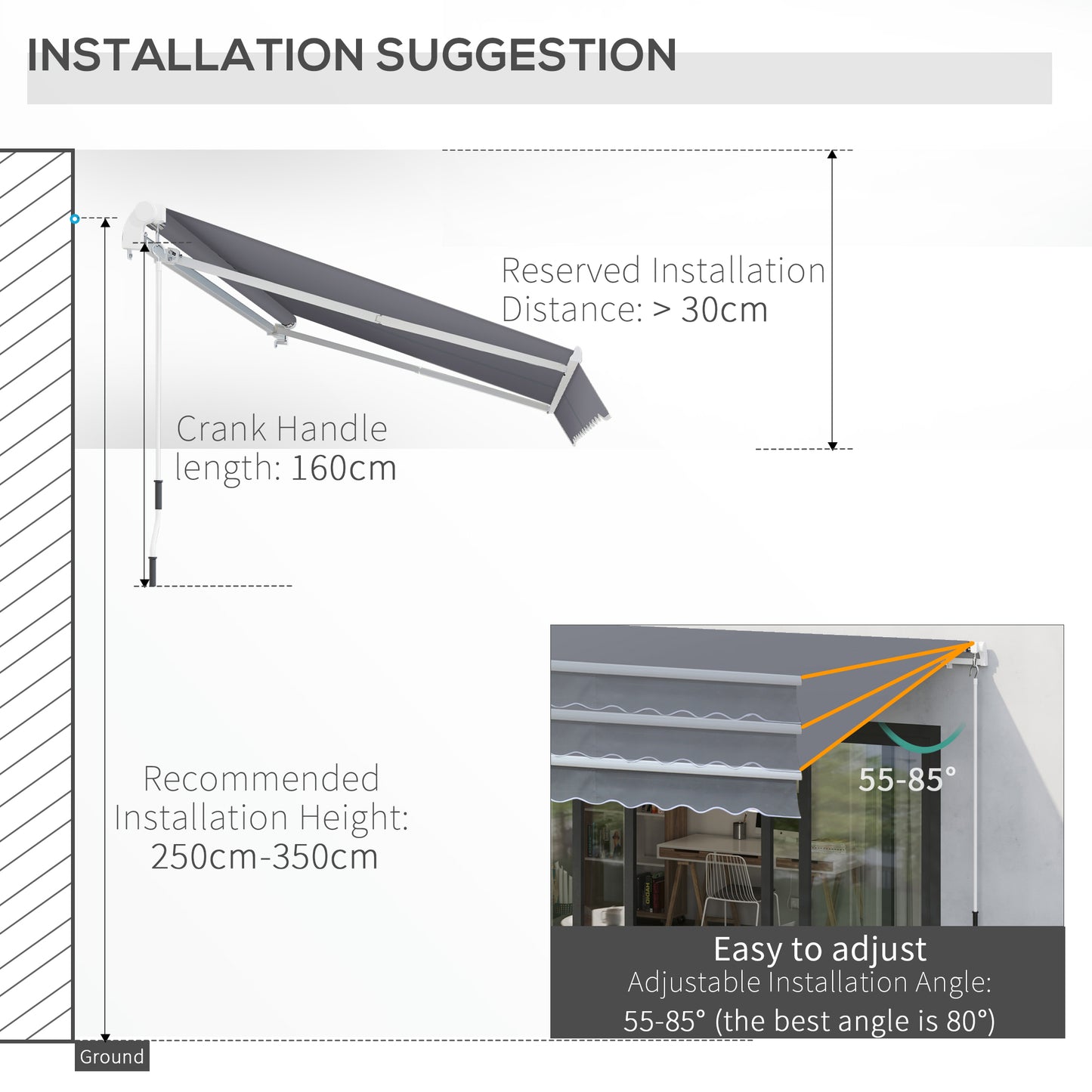 3 x 2.5m Manual Awning Canopy Sun Shade Shelter Retractable for Garden