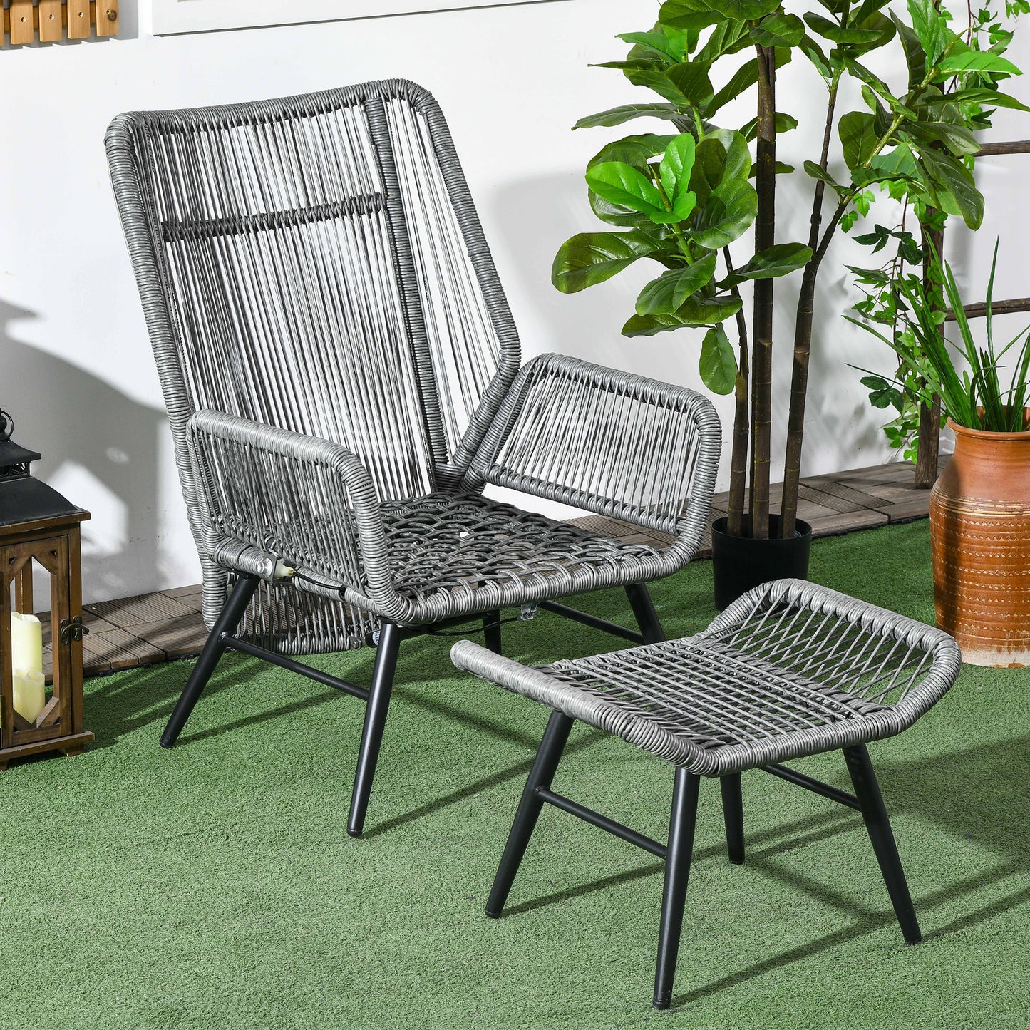 String Rattan Armchair and Footstool Set, with Cushions