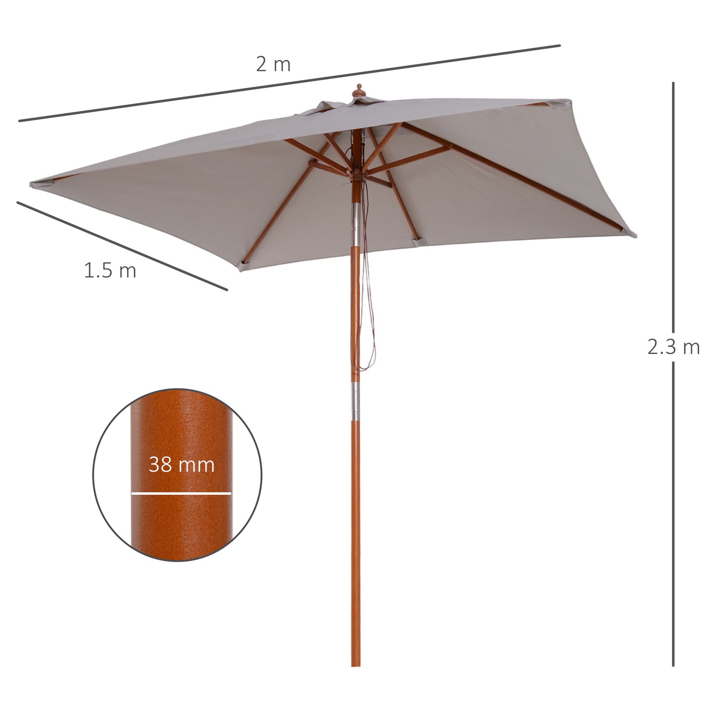 2m Tilting Wooden Pole Parasol