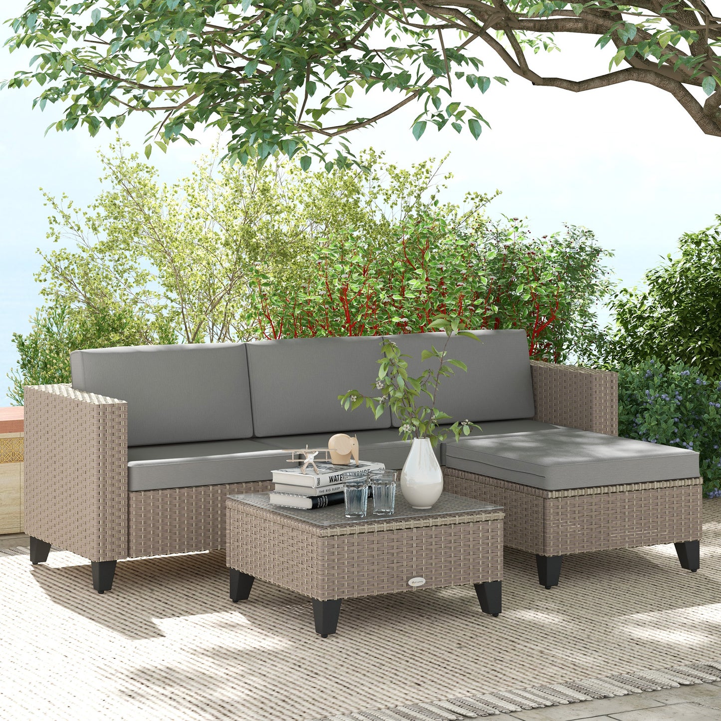 5-Piece Rattan Patio Furniture Set with Corner Sofa, Footstools