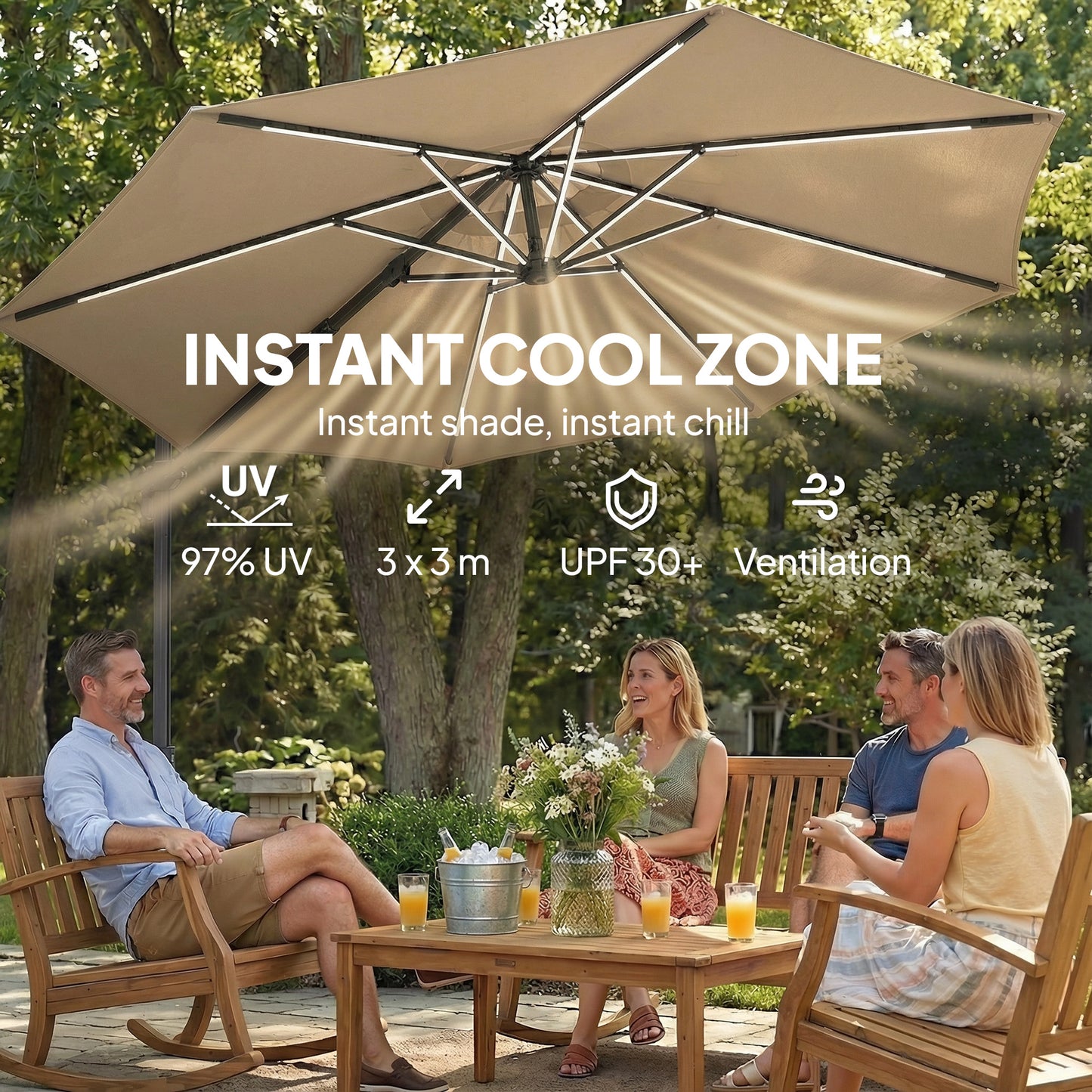 3 m Garden Cantilever Parasol with LED Solar Light