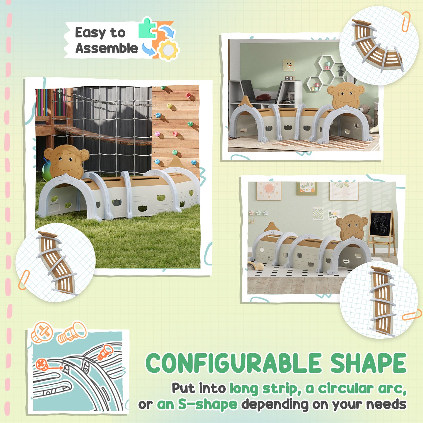 Monkey-Design Kids Play Tunnel for Crawling, Climbing