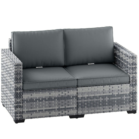 2 Seater Rattan Sofa, Outdoor Garden Sofa with Deep Seat, Cushions