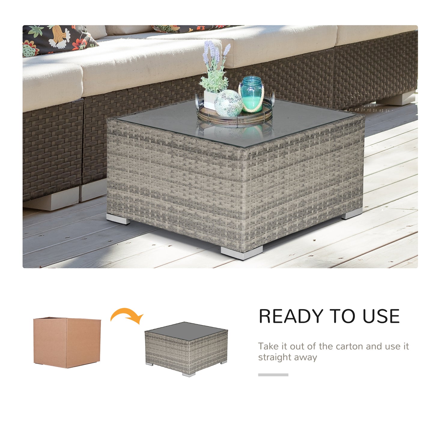 Square PE Wicker Rattan Table, with Glass Top
