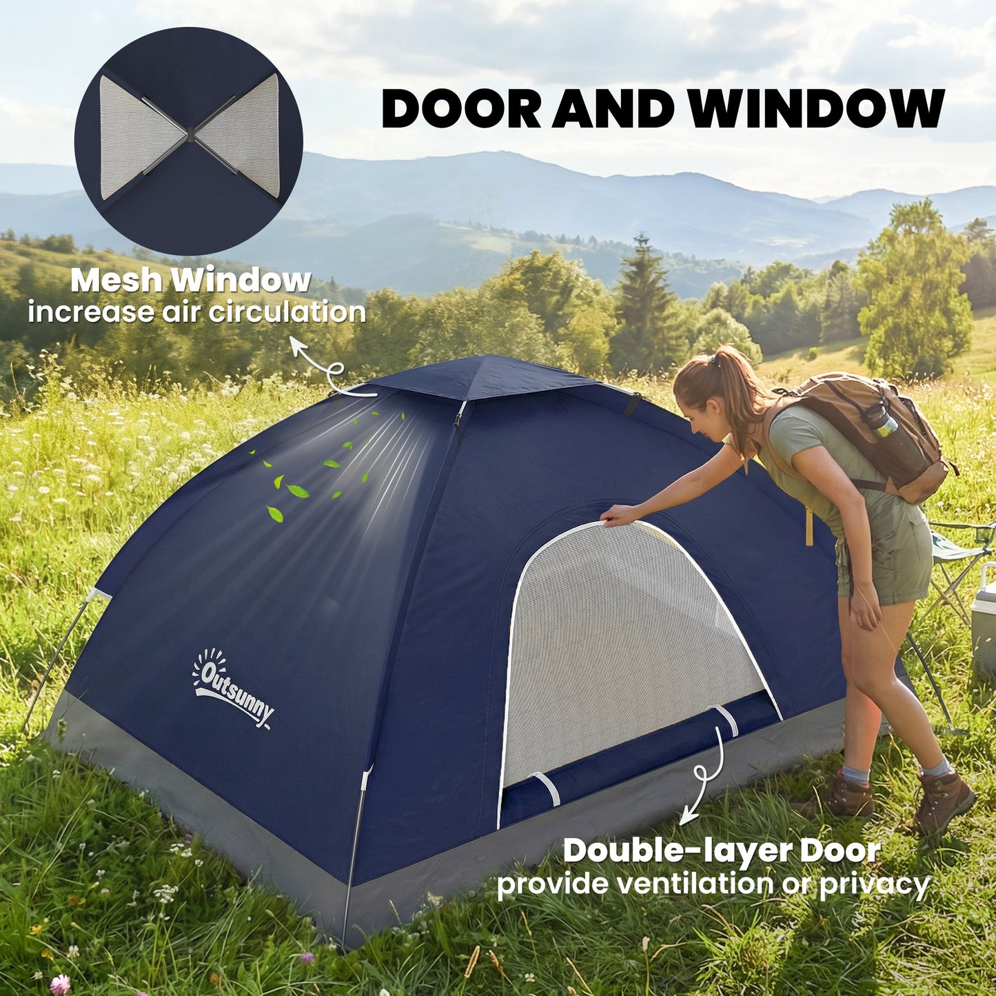 2 Person Camping Tent, Dome Tent with Zipped Doors, Storage Pocket