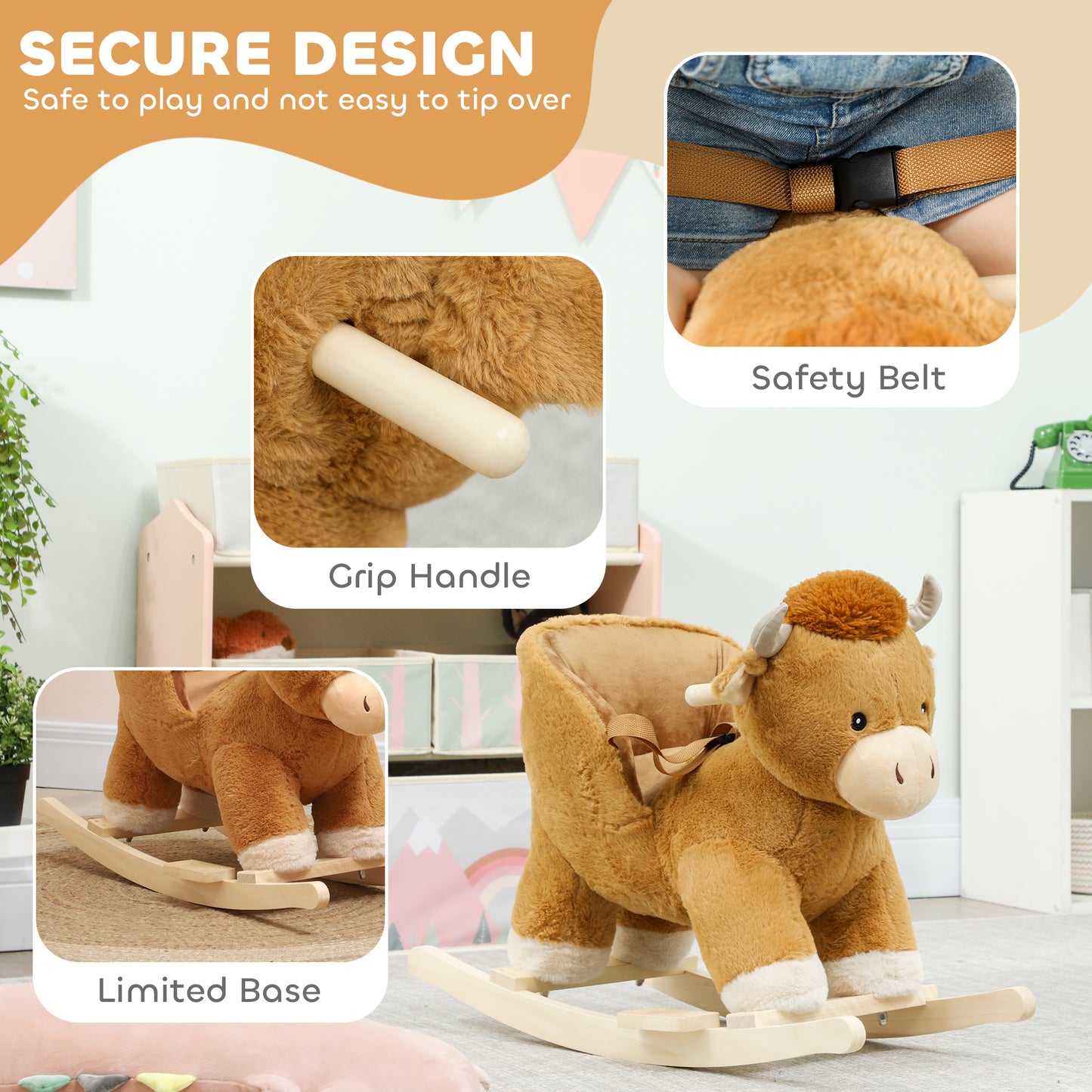 Baby Rocking Horse with Safety Belt, Wood Base