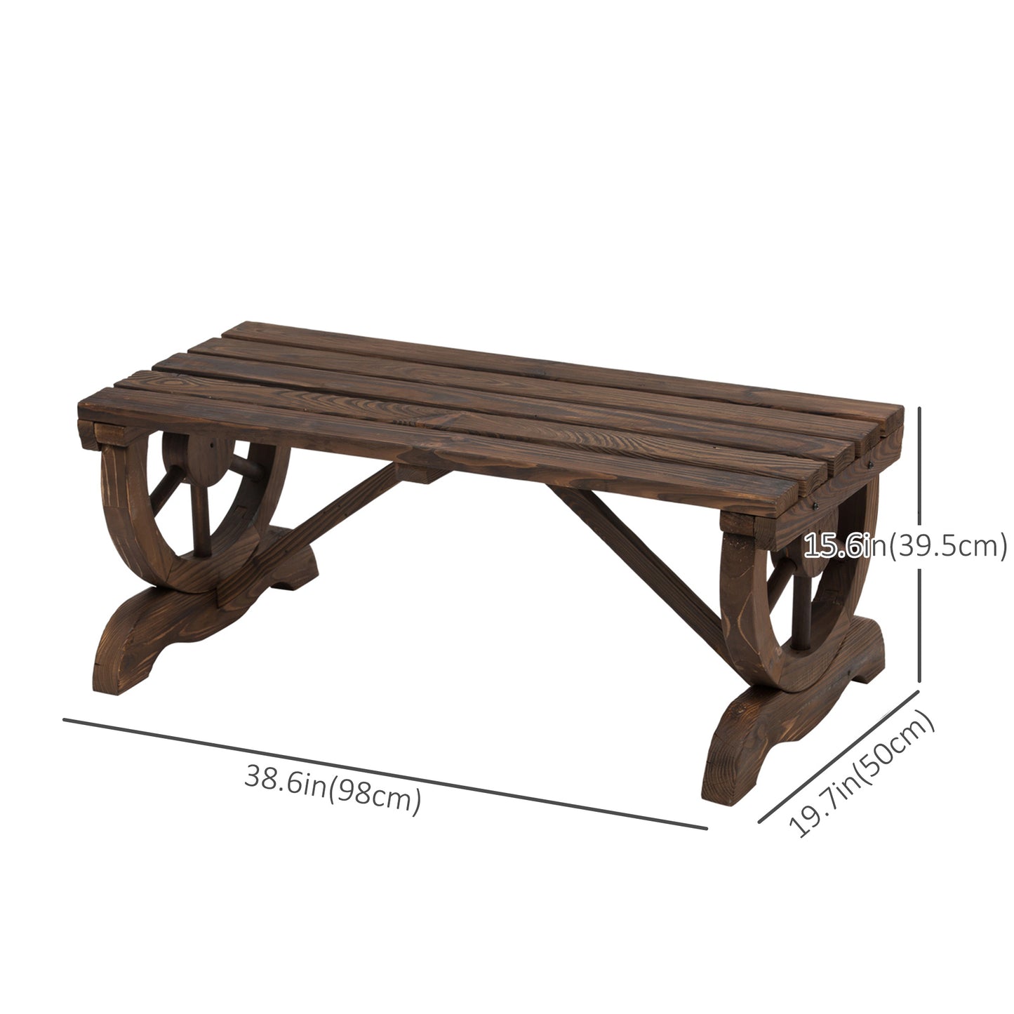 Garden Rustic Wooden Bench Wheel-Shaped Legs Slatted Seat Stable