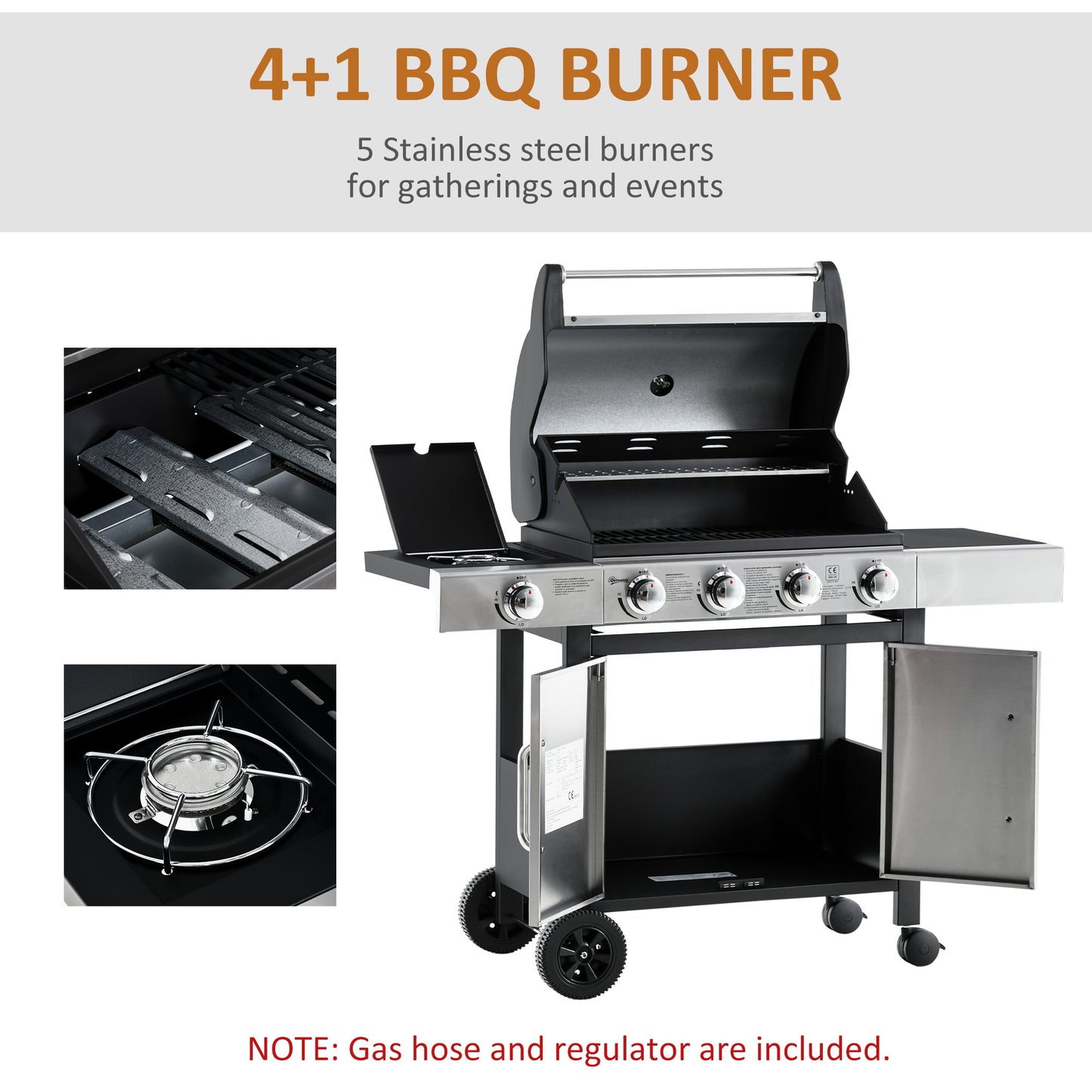Gas Barbecue Grill 4+1 Burner Garden Smoker BBQ Trolley w/ Side