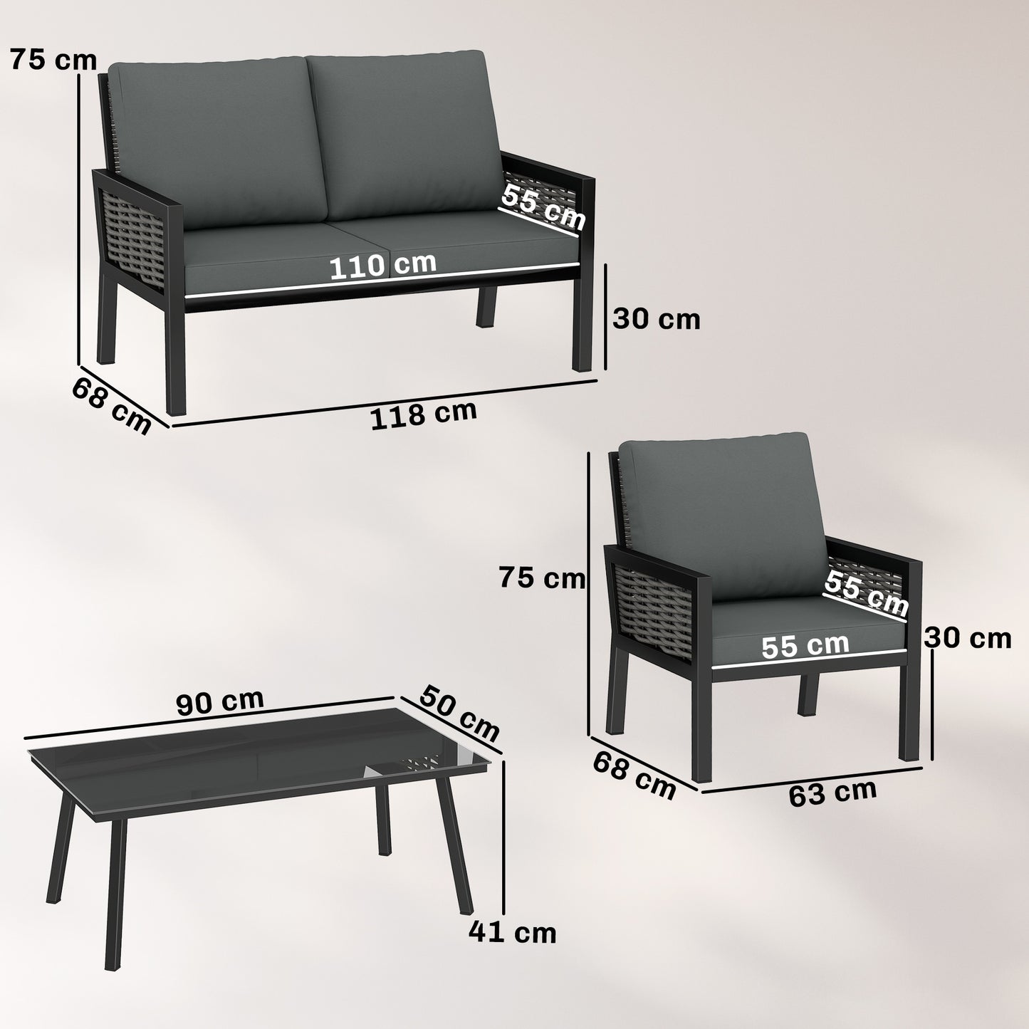 4 Seater Rattan Garden Furniture Set with 2 Armchairs, Loveseat