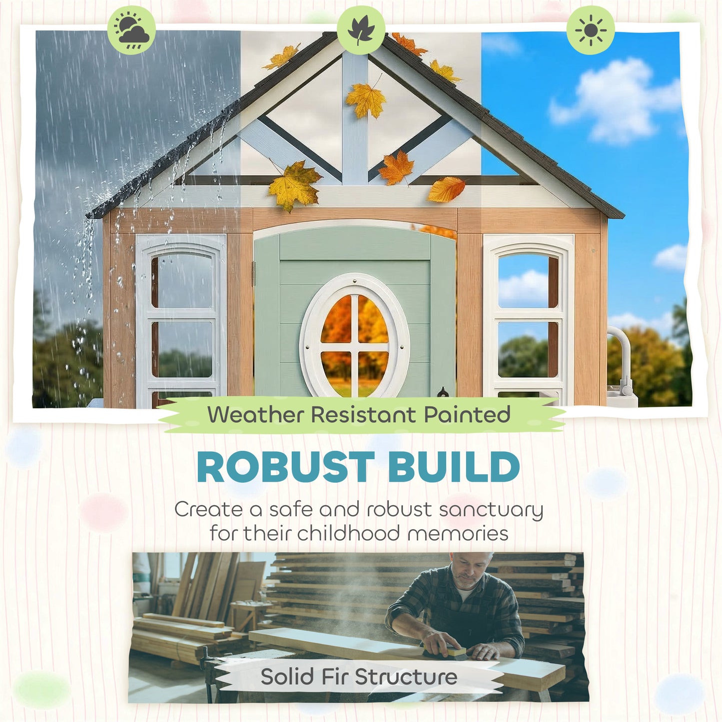 Wooden Playhouse for Kids, Wendy House with Pet Door, Play Kitchen