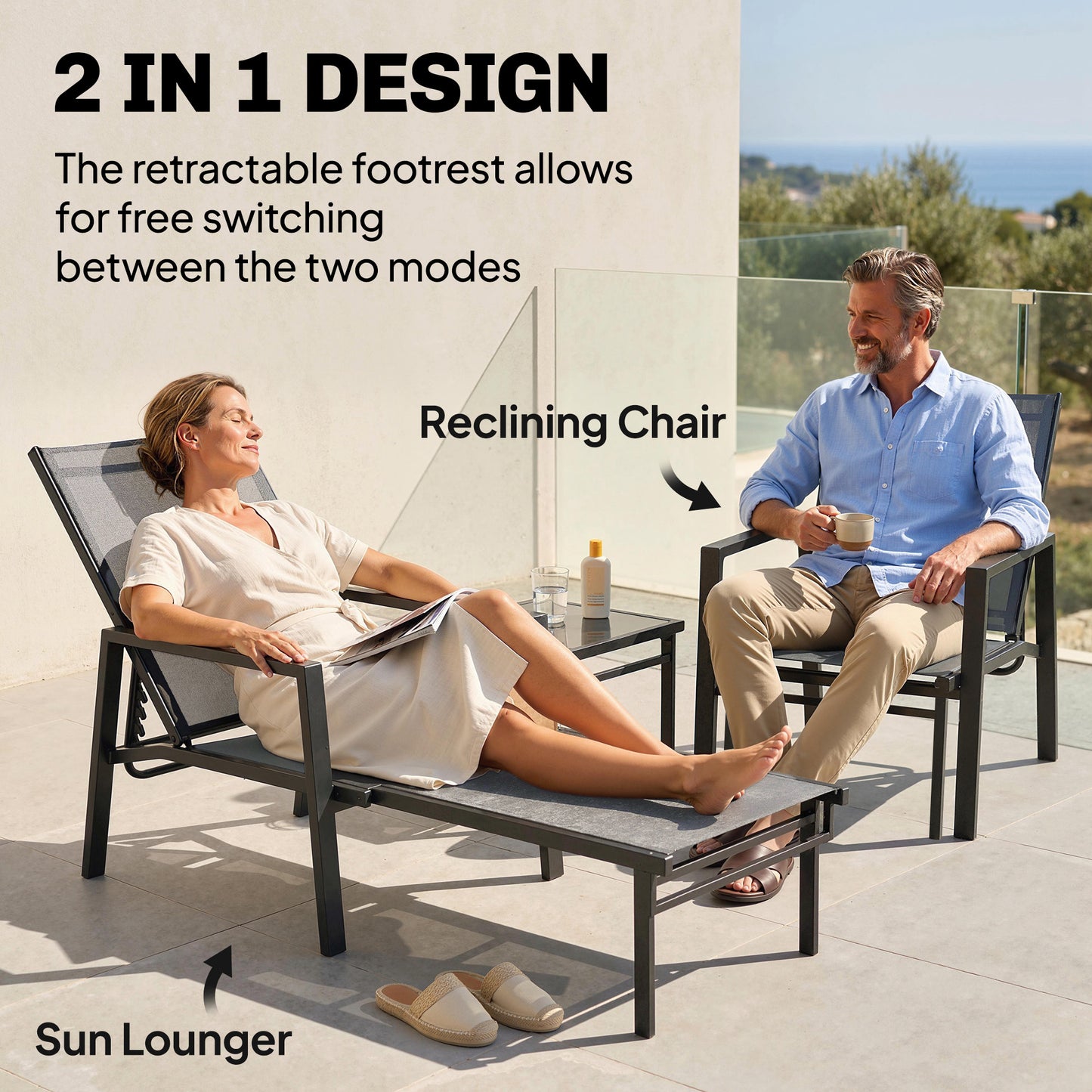 Sun Loungers Set of 2 Retractable Footrest 5-Position Adjustable