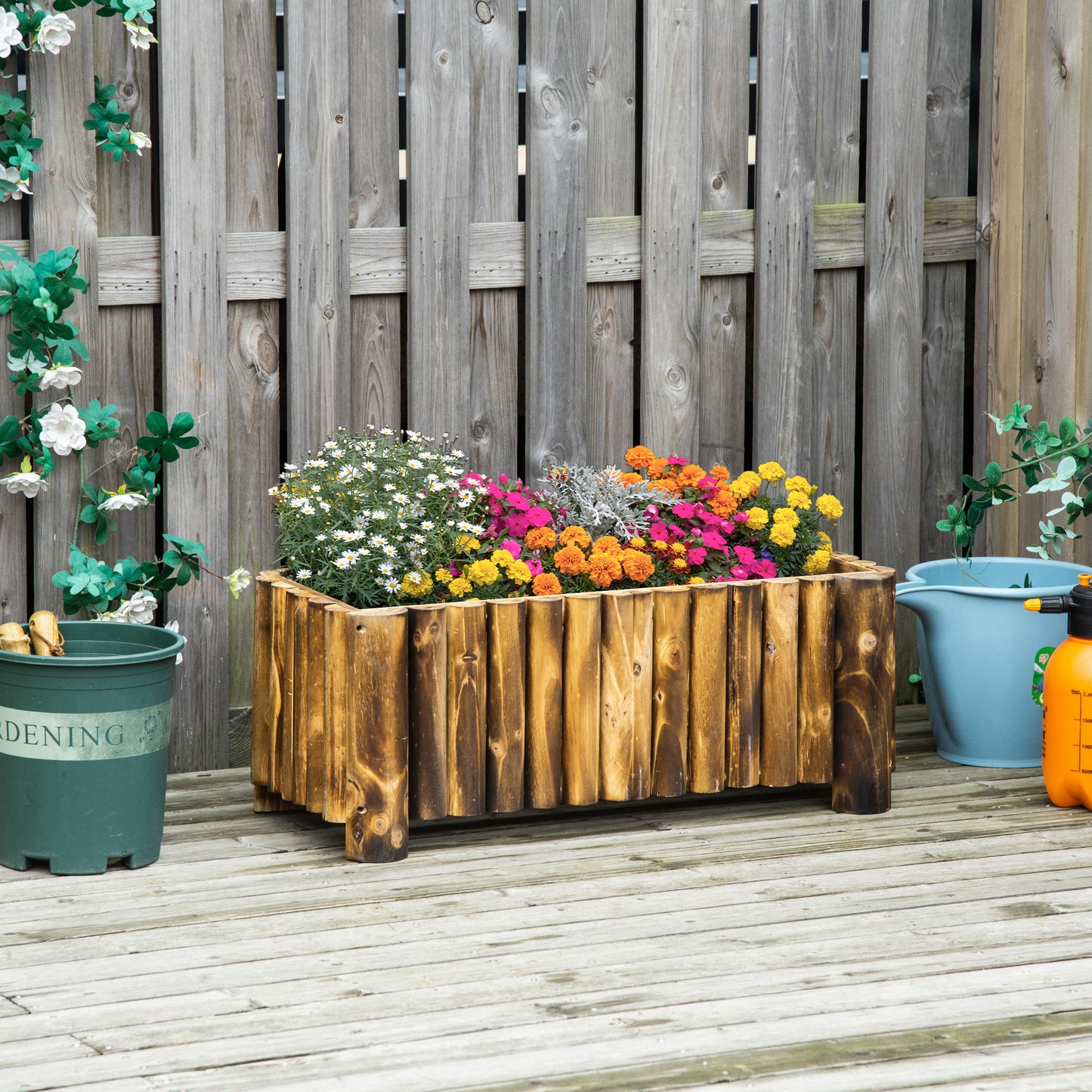 52L Raised Flower Bed Wooden Rectangular Planter Container Box Herb